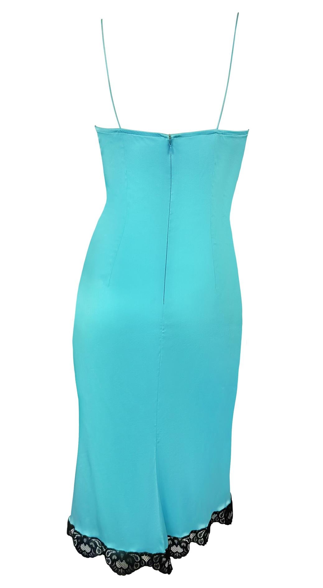 Women's F/W 2004 Dolce & Gabbana Black Lace Trim Light Blue Satin Slip Mini Dress For Sale