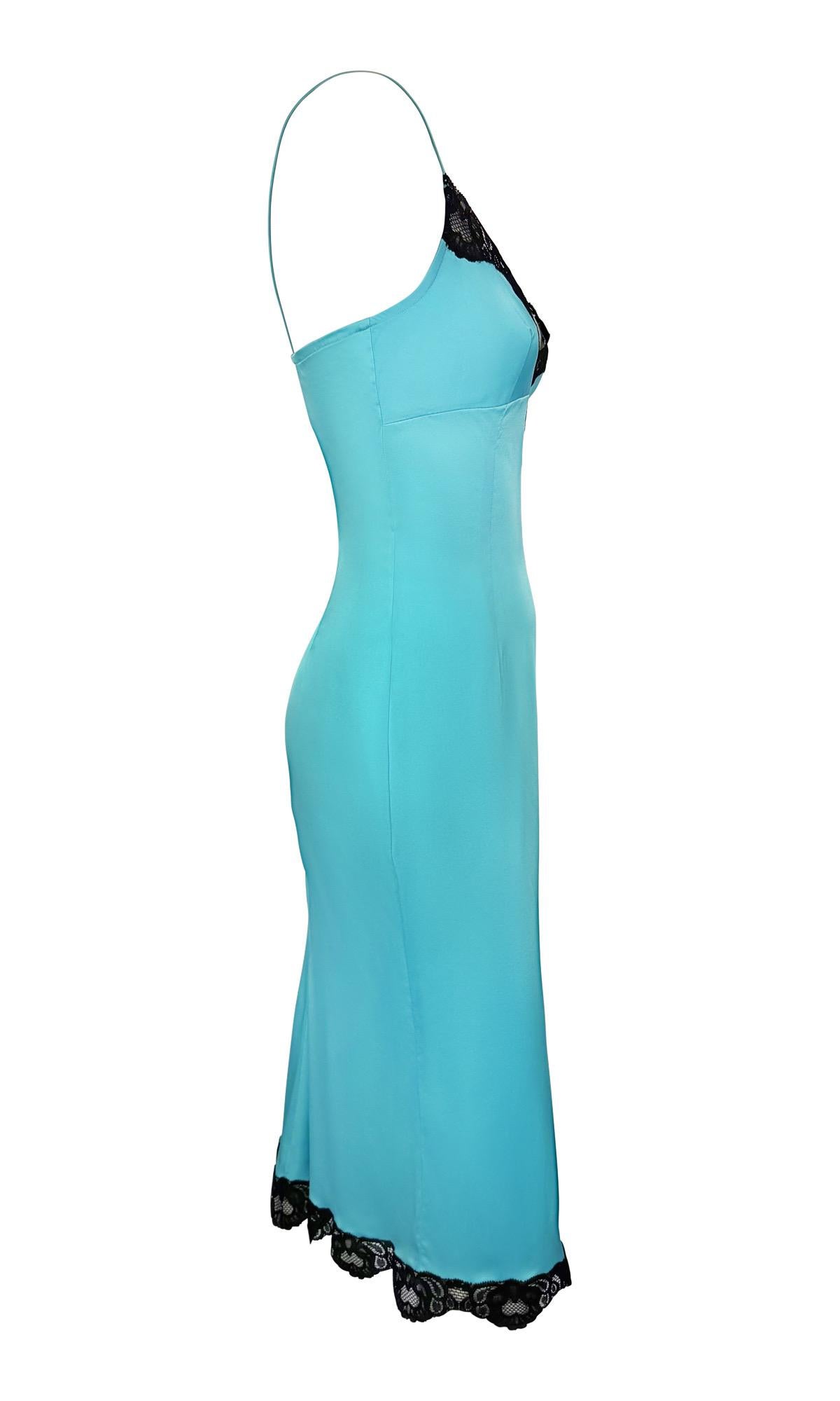 F/W 2004 Dolce & Gabbana Black Lace Trim Light Blue Satin Slip Mini Dress For Sale 1