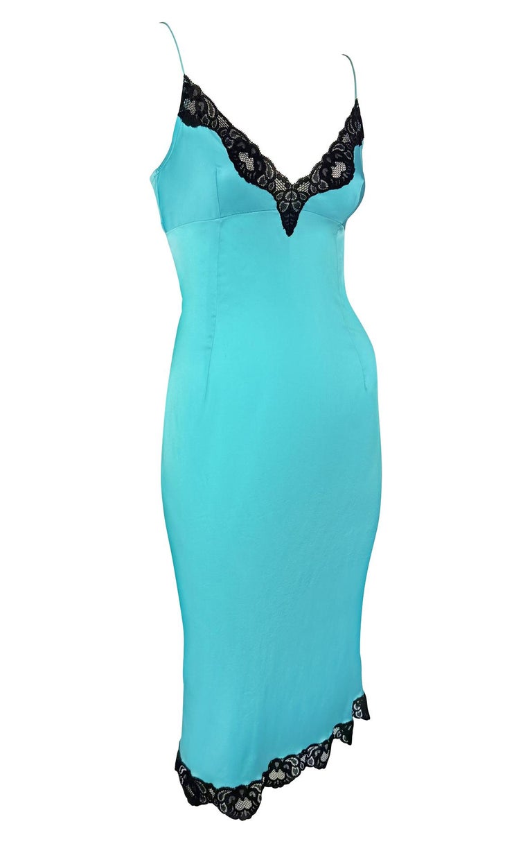 F/W 2004 Dolce and Gabbana Black Lace Trim Light Blue Satin Slip Mini Dress  at 1stDibs