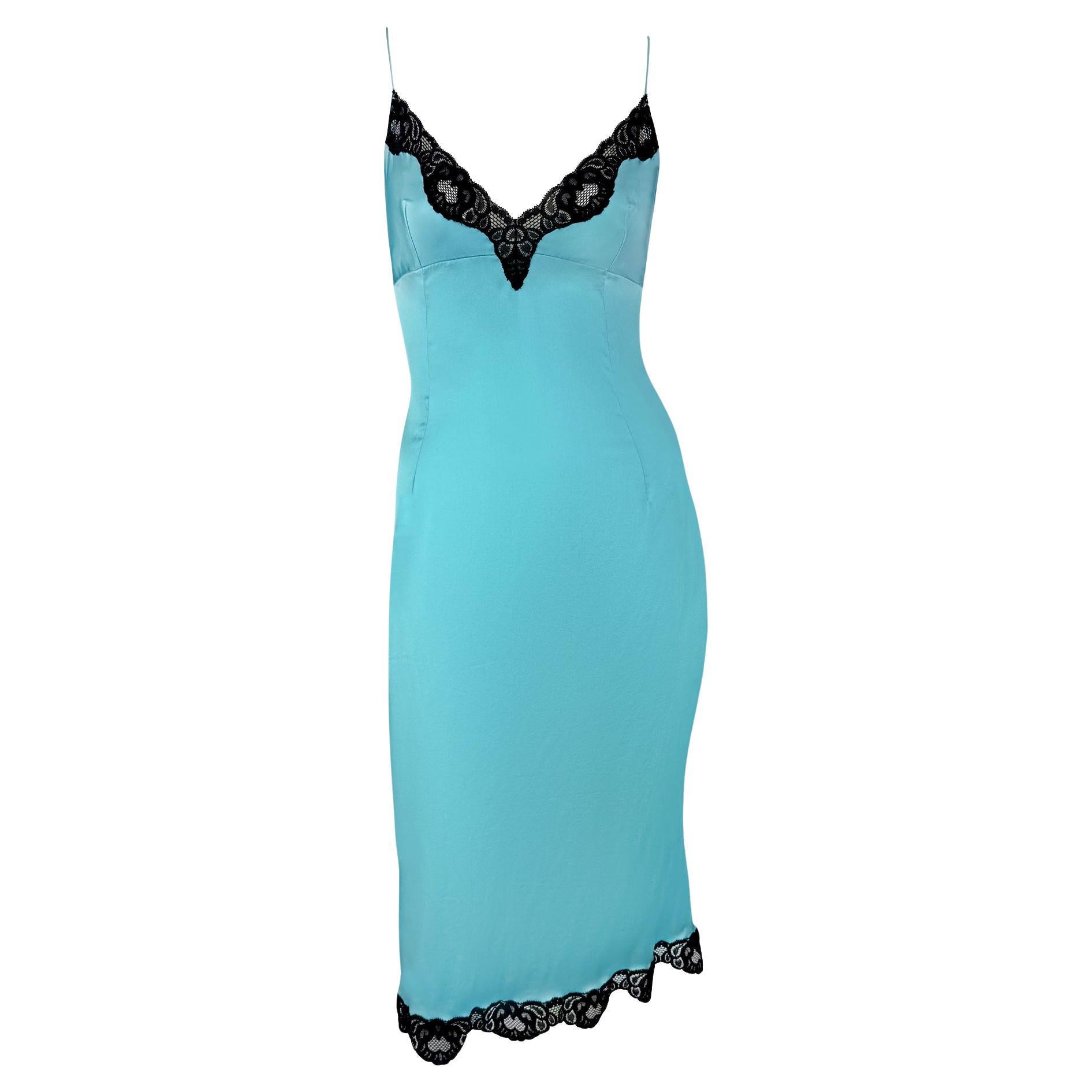 F/W 2004 Dolce & Gabbana Black Lace Trim Light Blue Satin Slip Mini Dress For Sale