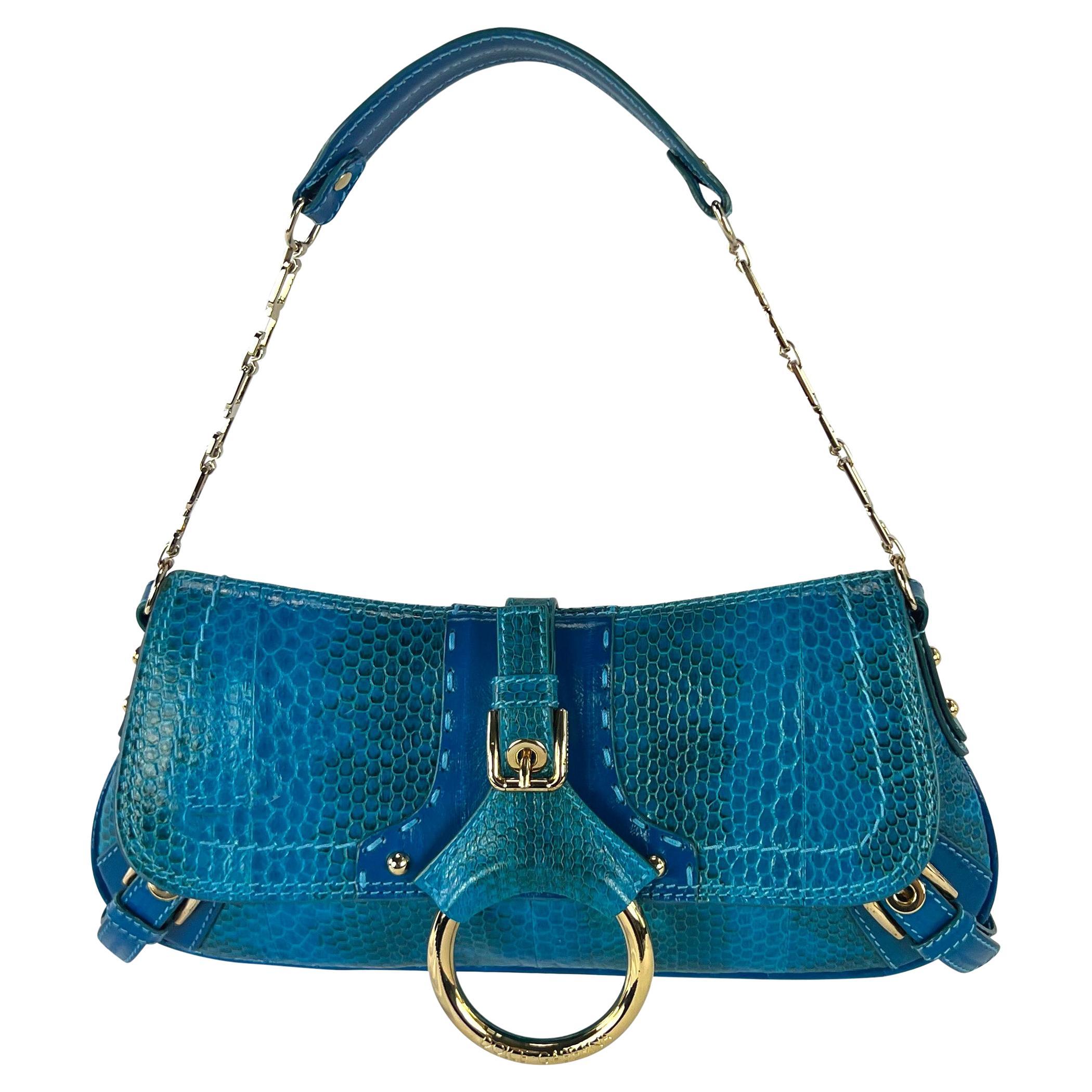 F/W 2004 Dolce & Gabbana Bright Blue Gold DG Chain Small Embossed Shoulder Bag For Sale