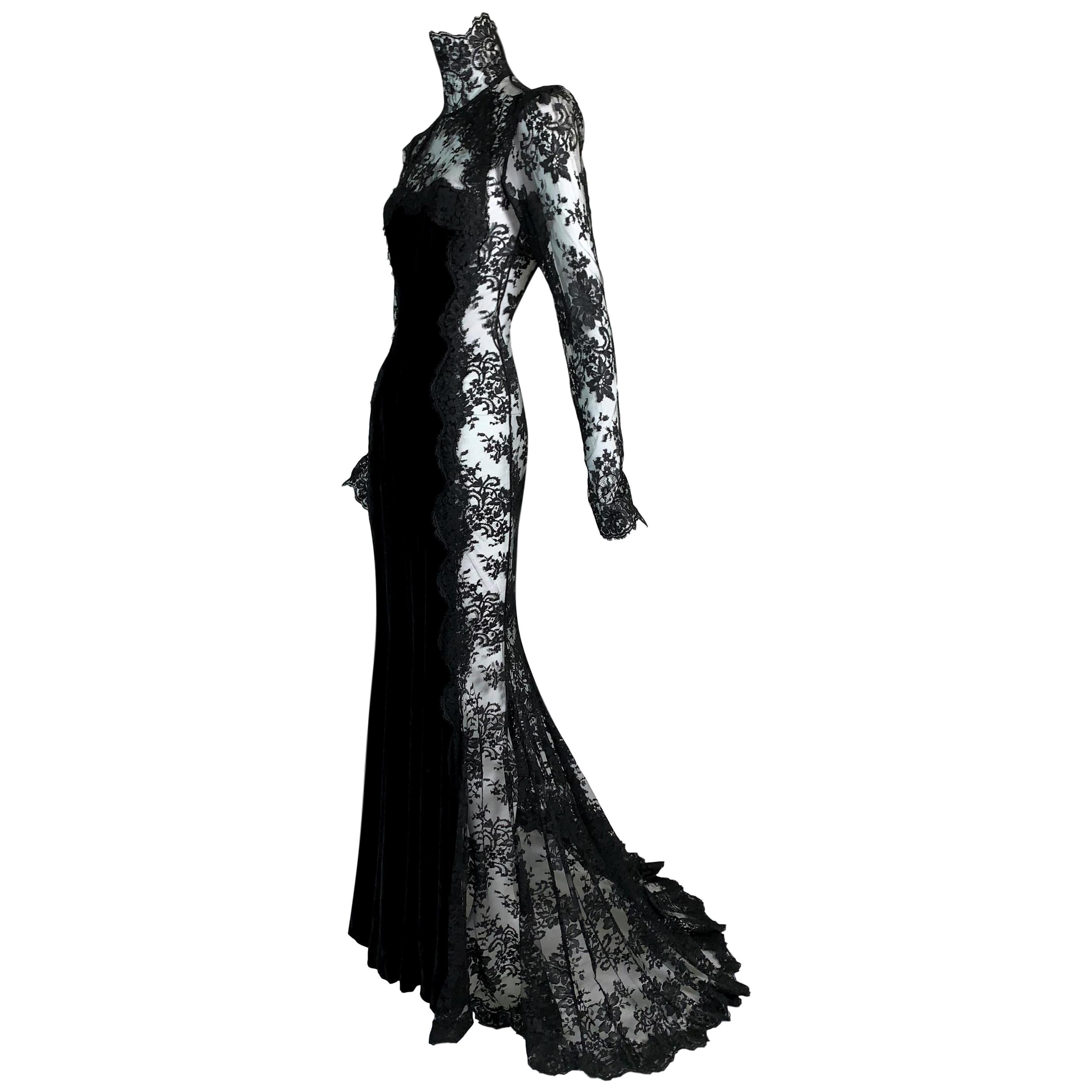 F/W 2004 Dolce & Gabbana Runway Sheer Black Lace Velvet Goth Princess Gown Dress