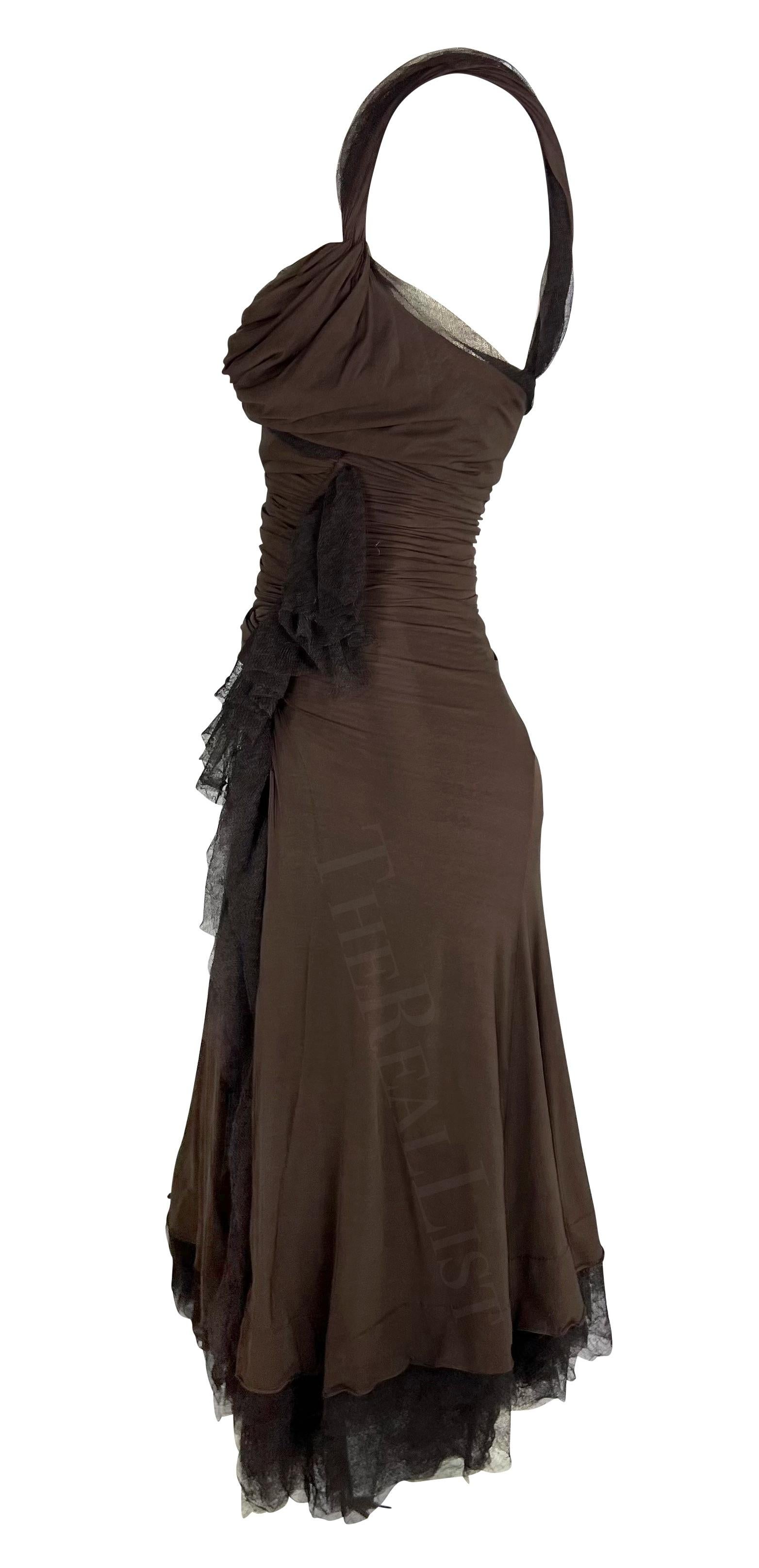 F/W 2004 Donna Karan Runway Brown Slinky Mesh High Slit Bodycon Dress In Excellent Condition For Sale In West Hollywood, CA