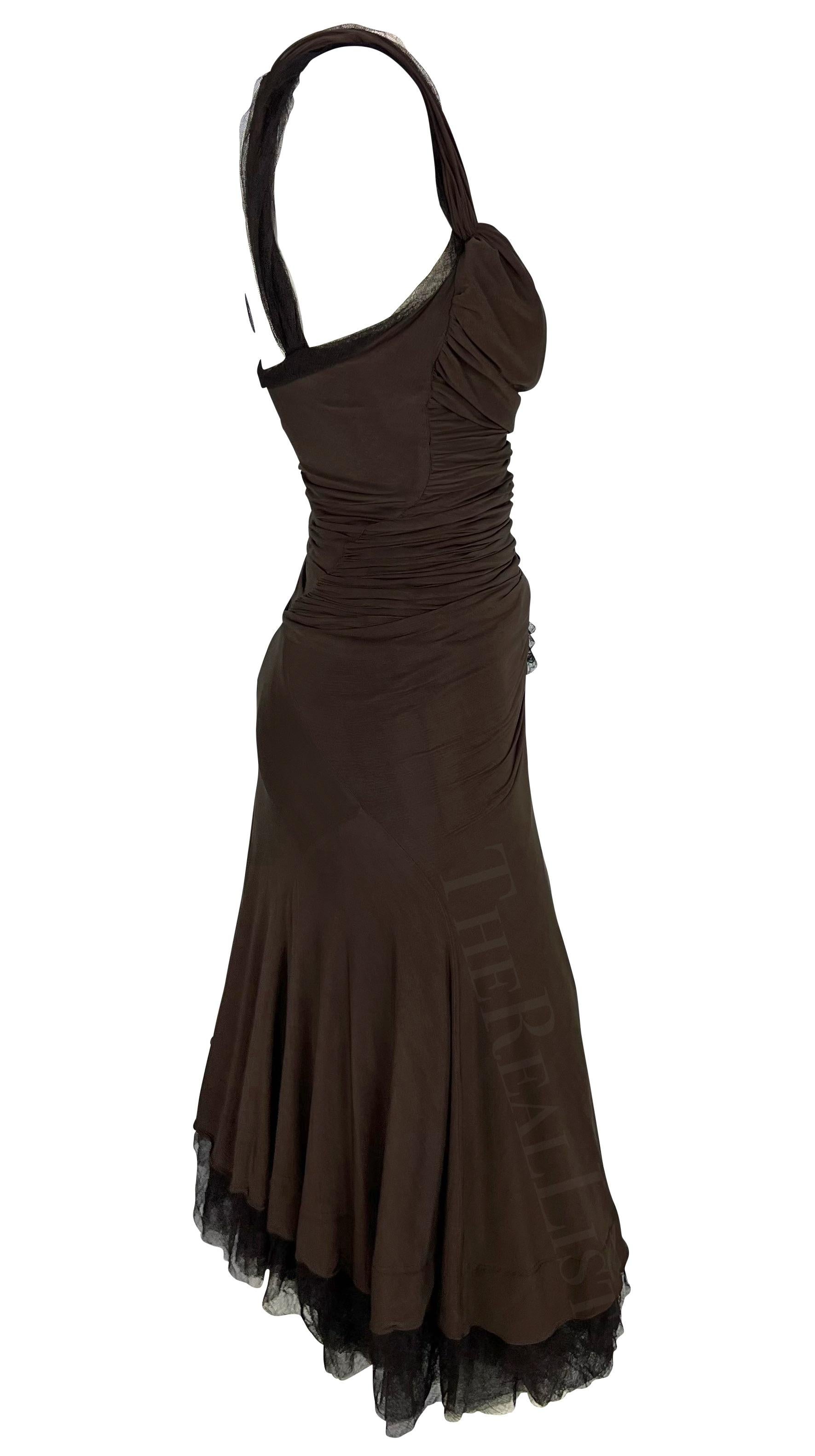 F/W 2004 Donna Karan Runway Brown Slinky Mesh High Slit Bodycon Dress For Sale 1