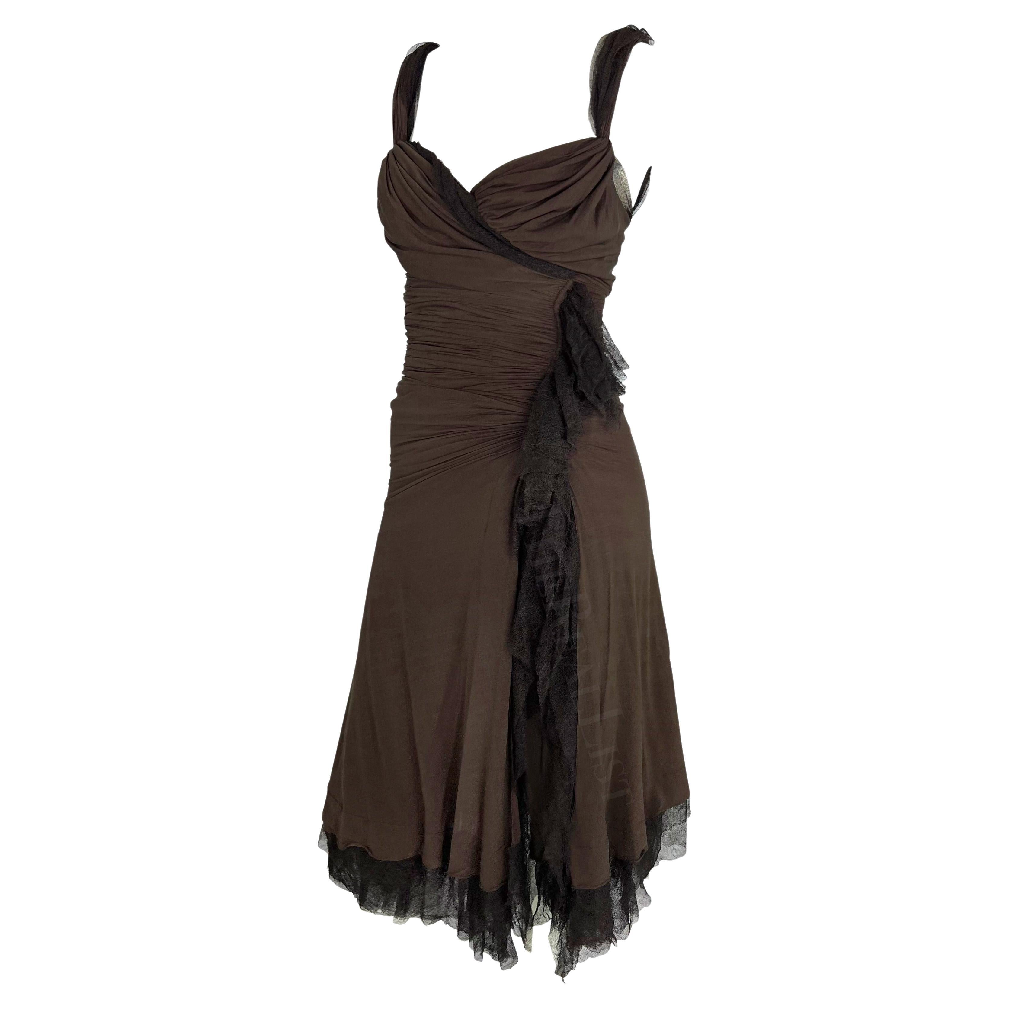 F/W 2004 Donna Karan Runway Brown Slinky Mesh High Slit Bodycon Dress For Sale