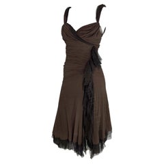 Vintage F/W 2004 Donna Karan Runway Brown Slinky Mesh High Slit Bodycon Dress