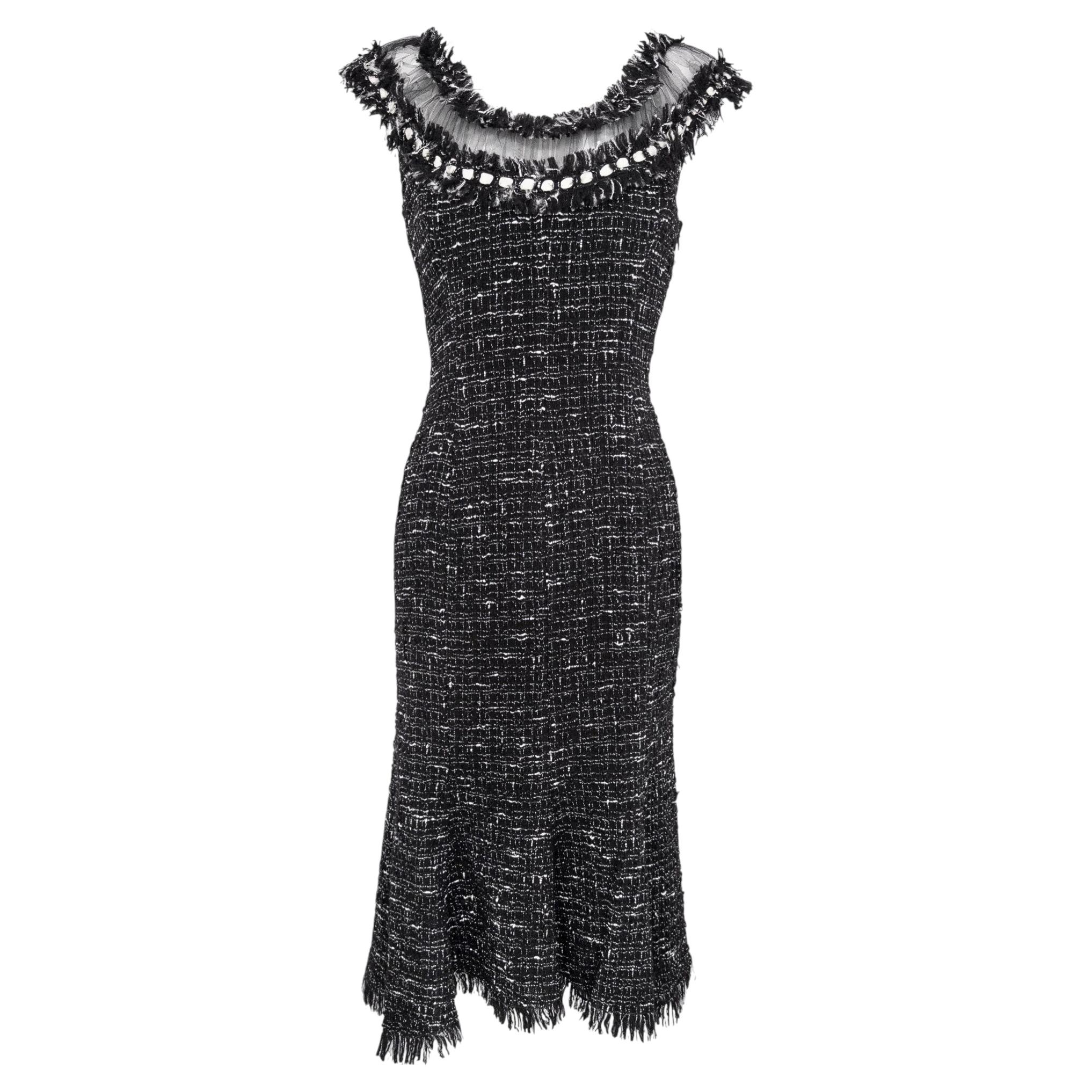 F/W 2004 Emanuel Ungaro Black Tweed Sheer Mesh Flared Midi Dress