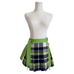 Christian Dior 2004 Women's Green Plaid Pleated Mini Skirt with Belt