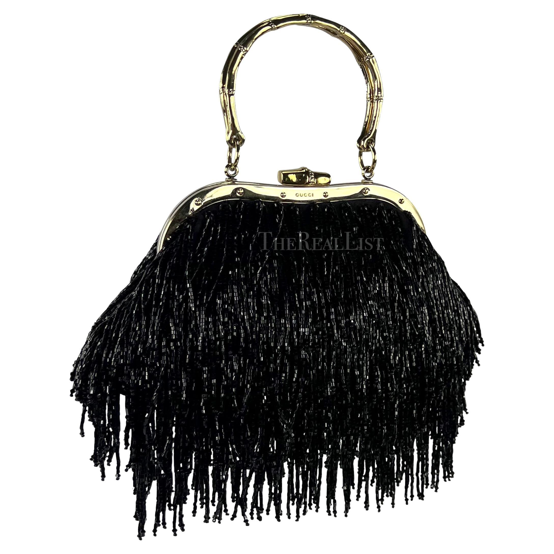 F/W 2004 Gucci by Tom Ford Black Beaded Fringe Bamboo Mini Bag For Sale 6