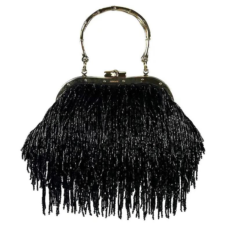 F/W 2004 Gucci by Tom Ford Black Beaded Fringe Bamboo Mini Bag