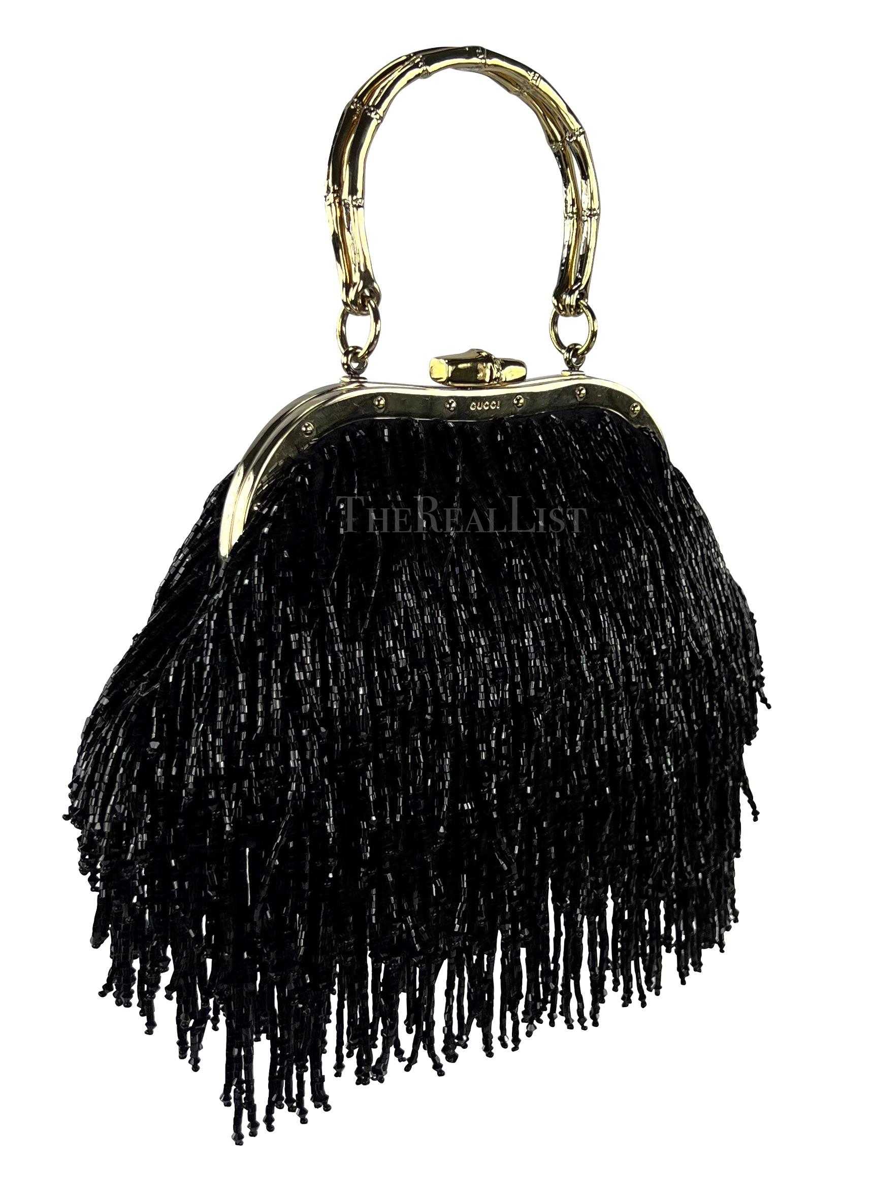 F/W 2004 Gucci by Tom Ford Black Beaded Fringe Bamboo Mini Bag For Sale 5