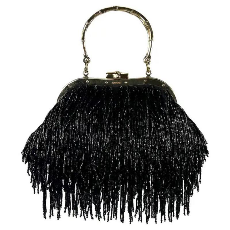 F/W 2004 Gucci by Tom Ford Minibolso de Bambú con Flecos y Cuentas Negro