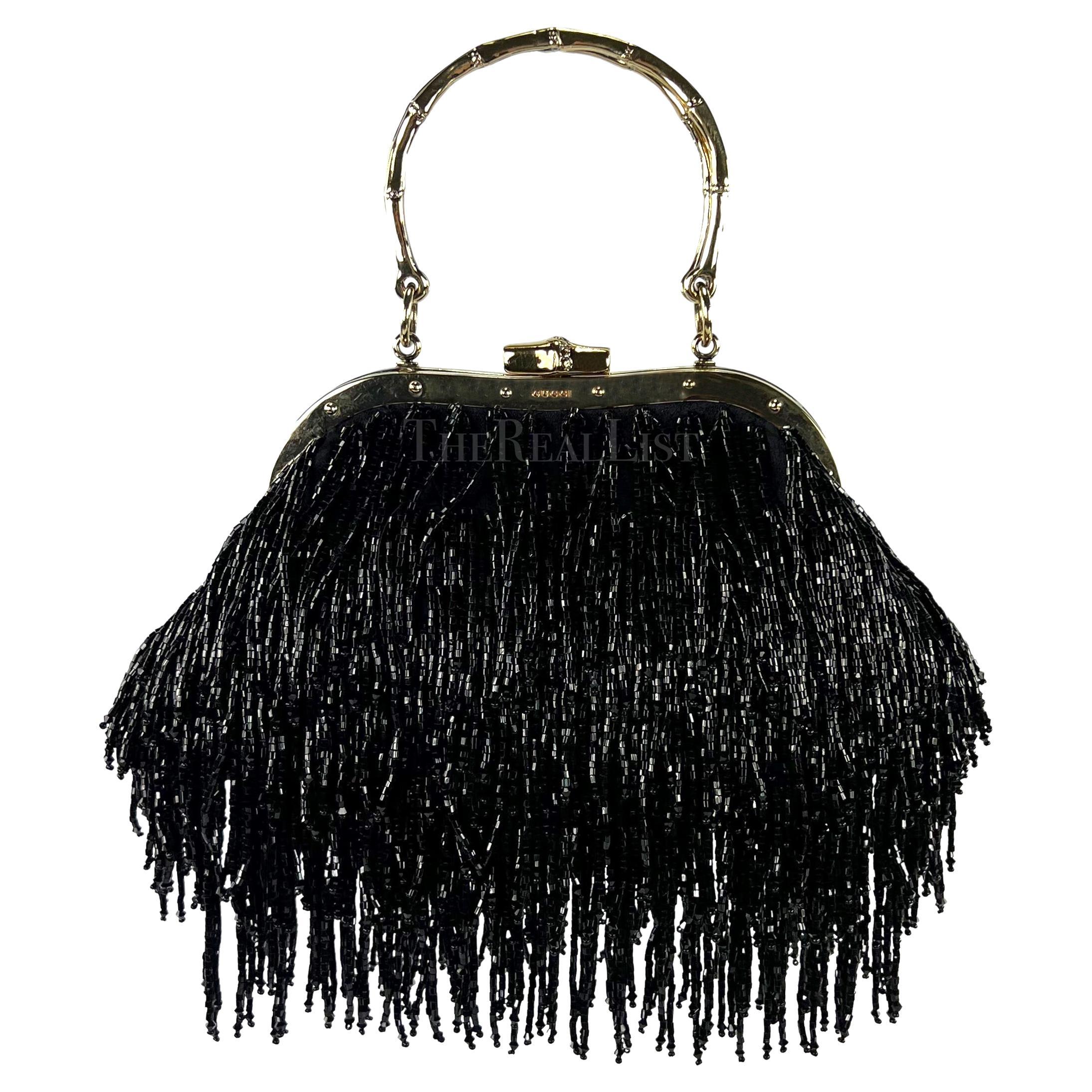 F/W 2004 Gucci by Tom Ford Black Beaded Fringe Bamboo Mini Bag For Sale