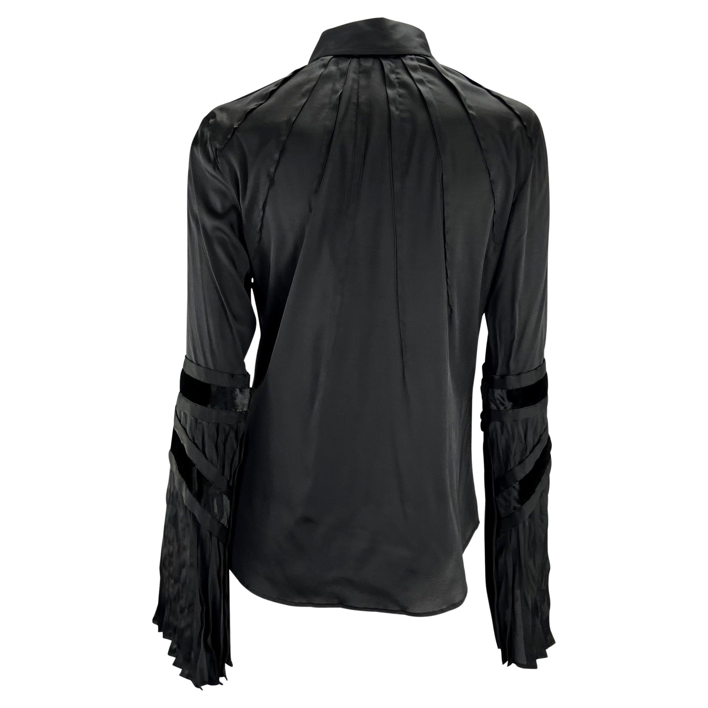 Women's F/W 2004 Gucci by Tom Ford Finale Black Velvet Ribbon Pleated Button Up Top For Sale