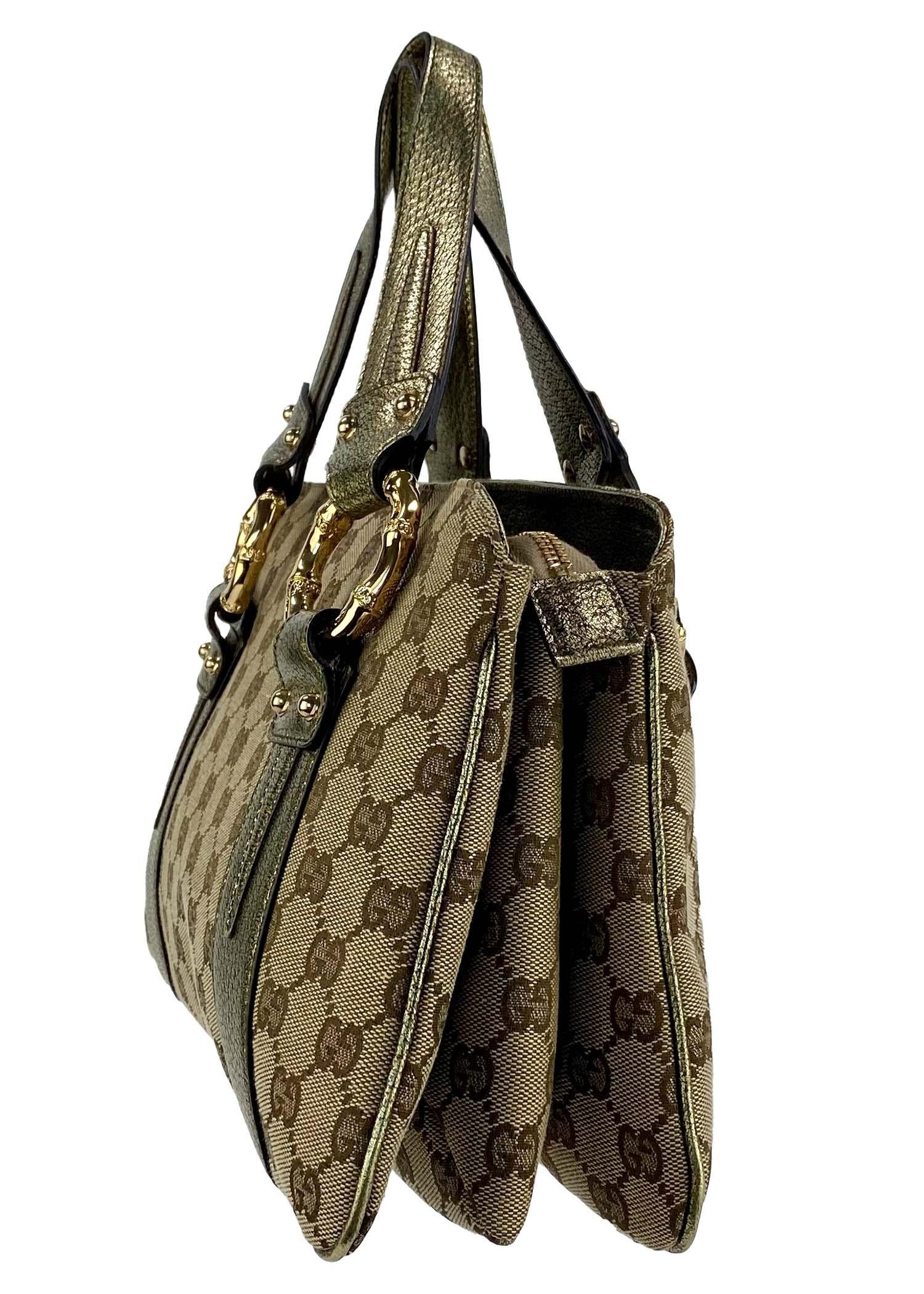 Presenting a 'GG' monogram woven small tote designed by Tom Ford for Gucci. As part of Ford's final collection with Gucci, his bag features the same gold metallic leather and bamboo hardware highlighted in the Fall/Winter 2004 runway collection.