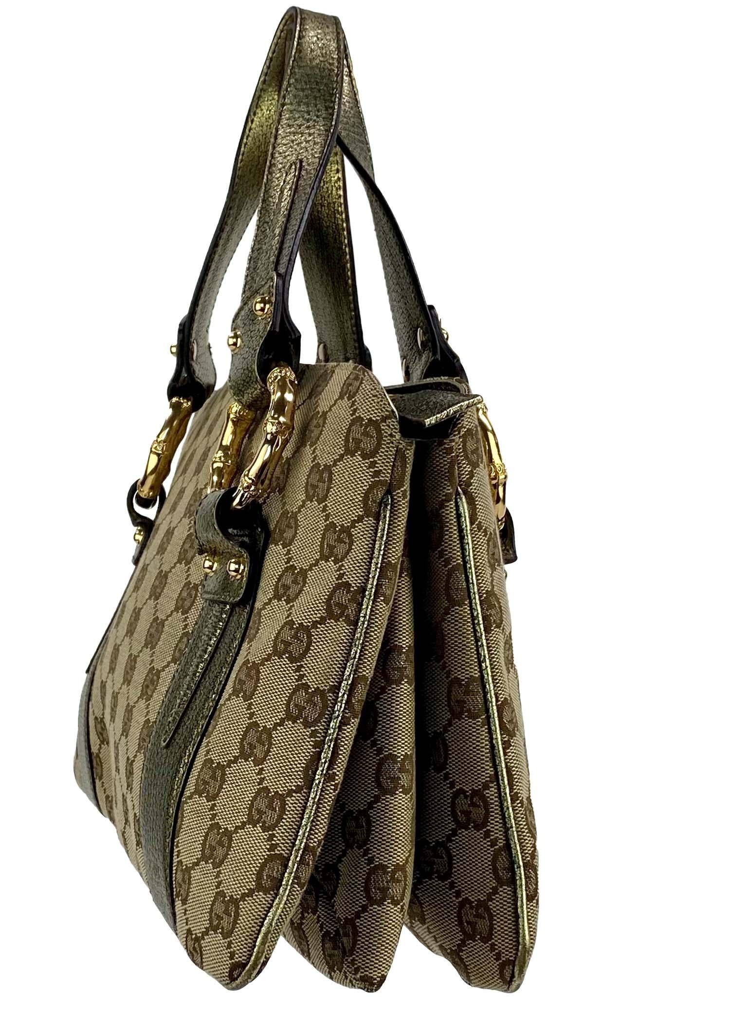 Presenting a 'GG' monogram woven small tote designed by Tom Ford for Gucci. As part of Ford's final collection with Gucci, his bag features the same gold metallic leather and bamboo hardware that was highlighted on the Fall/Winter 2004 runway