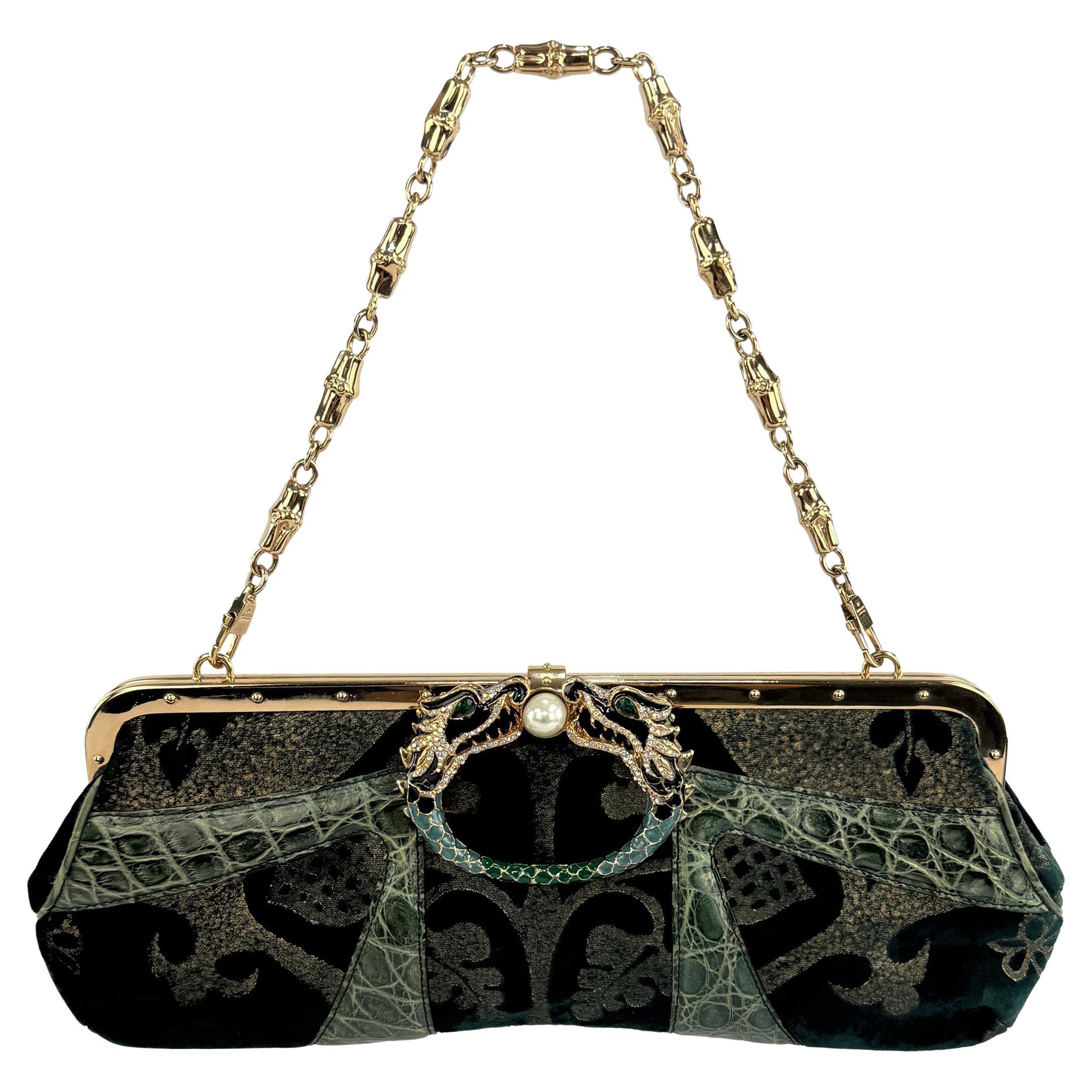 F/W 2004 Gucci by Tom Ford Genuine Alligator Trim Green Velvet Dragon Bag