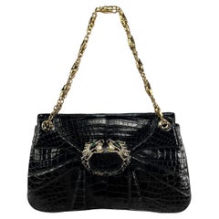 F/W 2004 Gucci by Tom Ford Genuine Crocodile Black Rhinestone Dragon Flap Bag