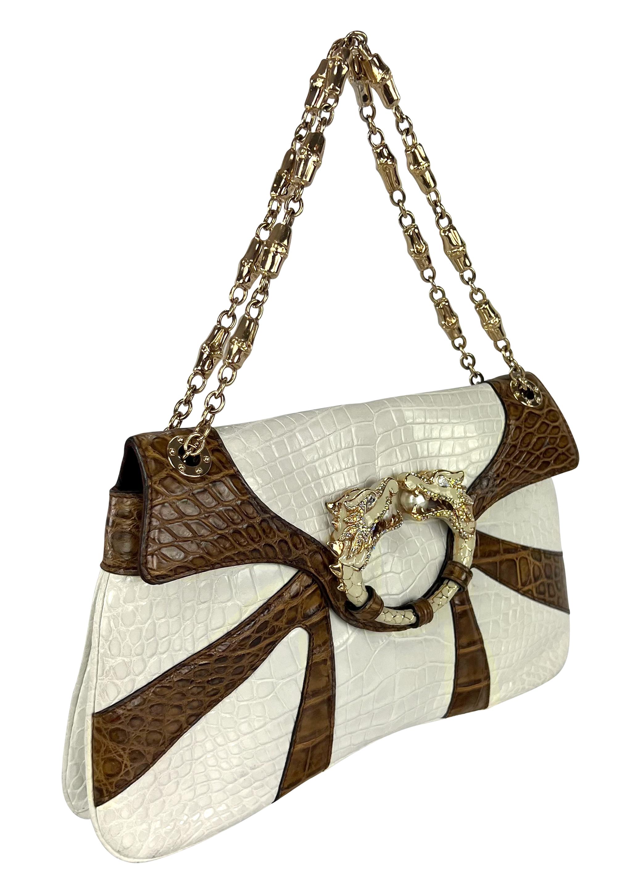 F/W 2004 Gucci by Tom Ford Genuine Crocodile White Two-Tone Dragon Shoulder Bag For Sale 6