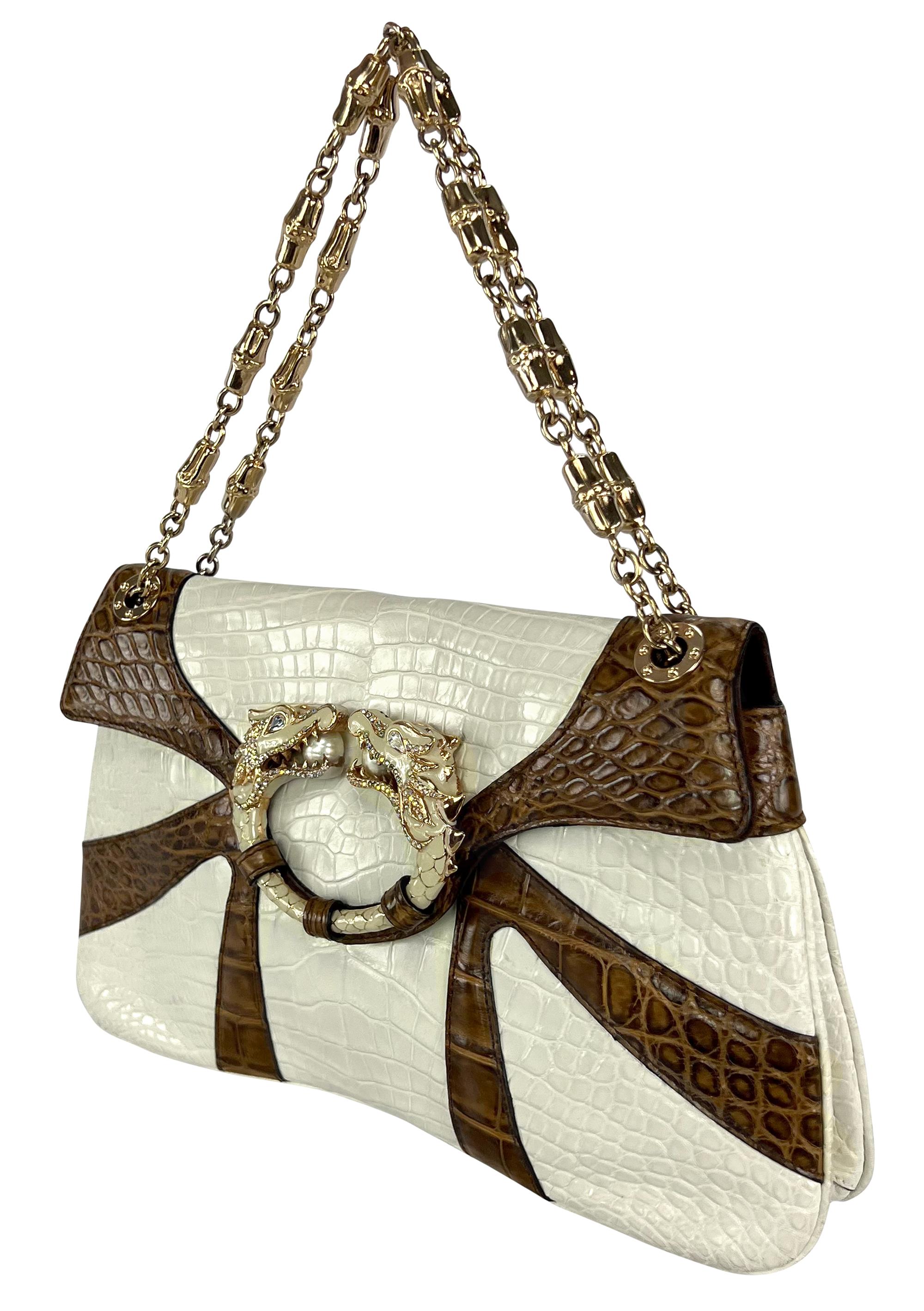 Women's F/W 2004 Gucci by Tom Ford Genuine Crocodile White Two-Tone Dragon Shoulder Bag For Sale