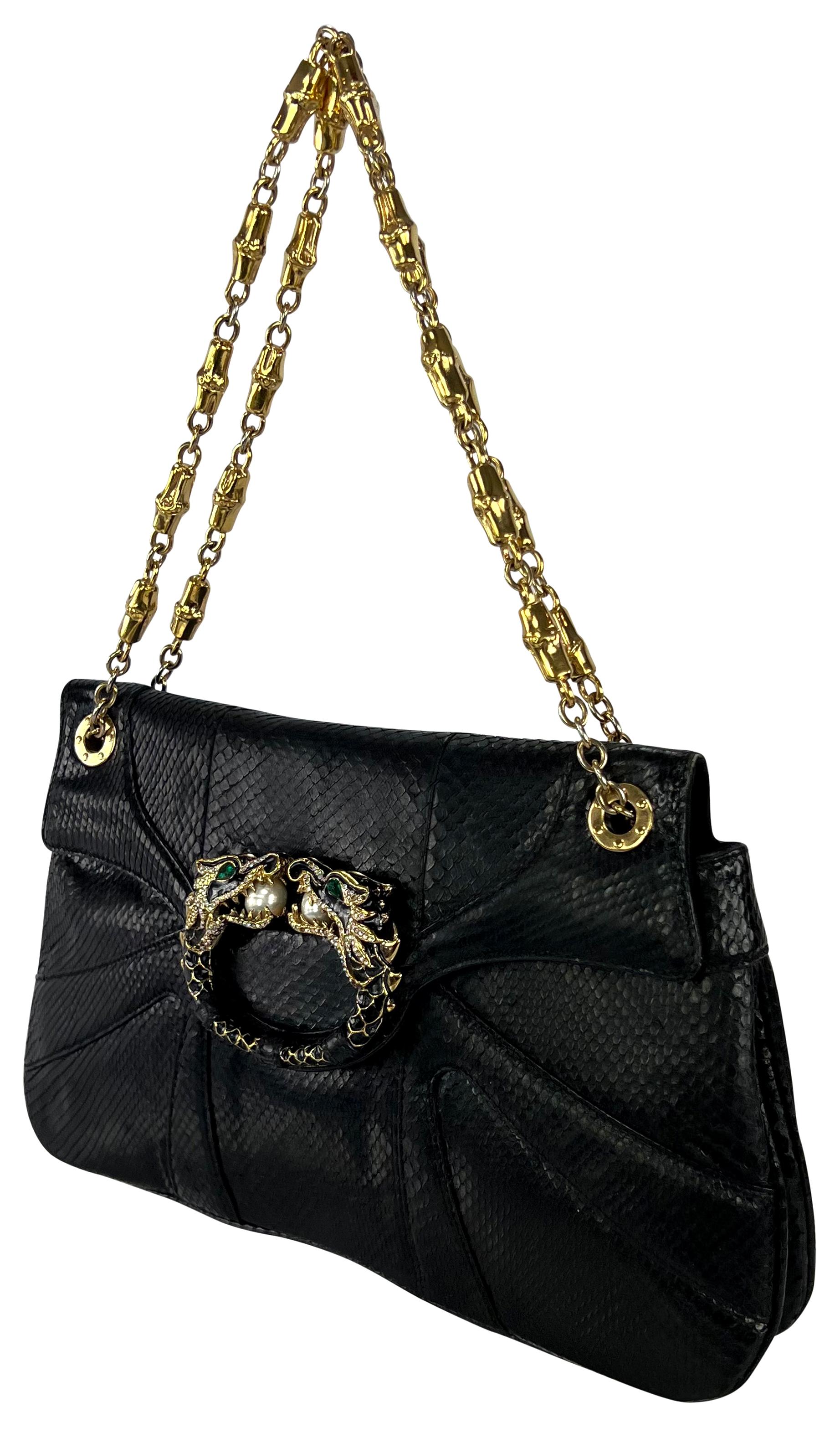 F/W 2004 Gucci by Tom Ford Genuine Python Rhinestone Dragon Black Flap Bag In Good Condition For Sale In West Hollywood, CA