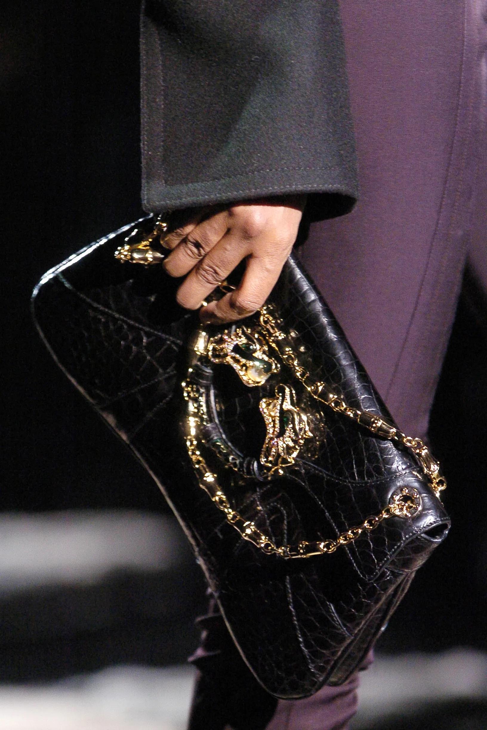 Women's F/W 2004 Gucci by Tom Ford Genuine Python Rhinestone Dragon Black Flap Bag For Sale