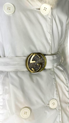 F/W 2004 Gucci by Tom Ford GG Rhinestone Buckle White Fur Trim Puffer Coat