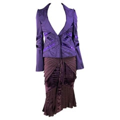 Used F/W 2004 Gucci by Tom Ford Purple Burgundy Velvet Silk Ribbon Runway Skirt Suit