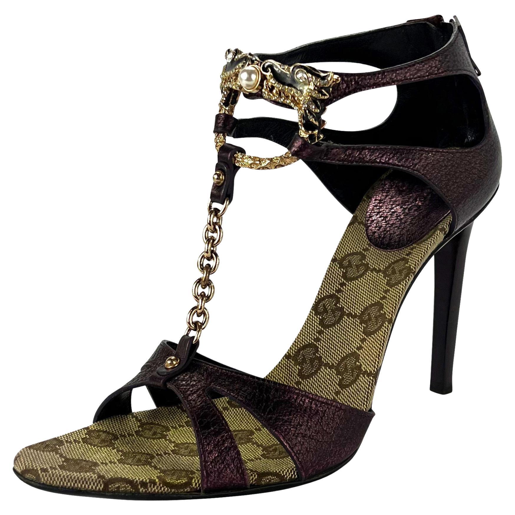 F/W 2004 Gucci by Tom Ford Rhinestone Purple Dragon Chain Heels Size 8.5 B