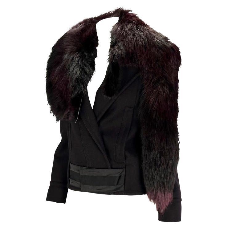 Noir F/W 2004 Gucci by Tom Ford Runway Veste en laine à col en fourrure de renard violet en vente