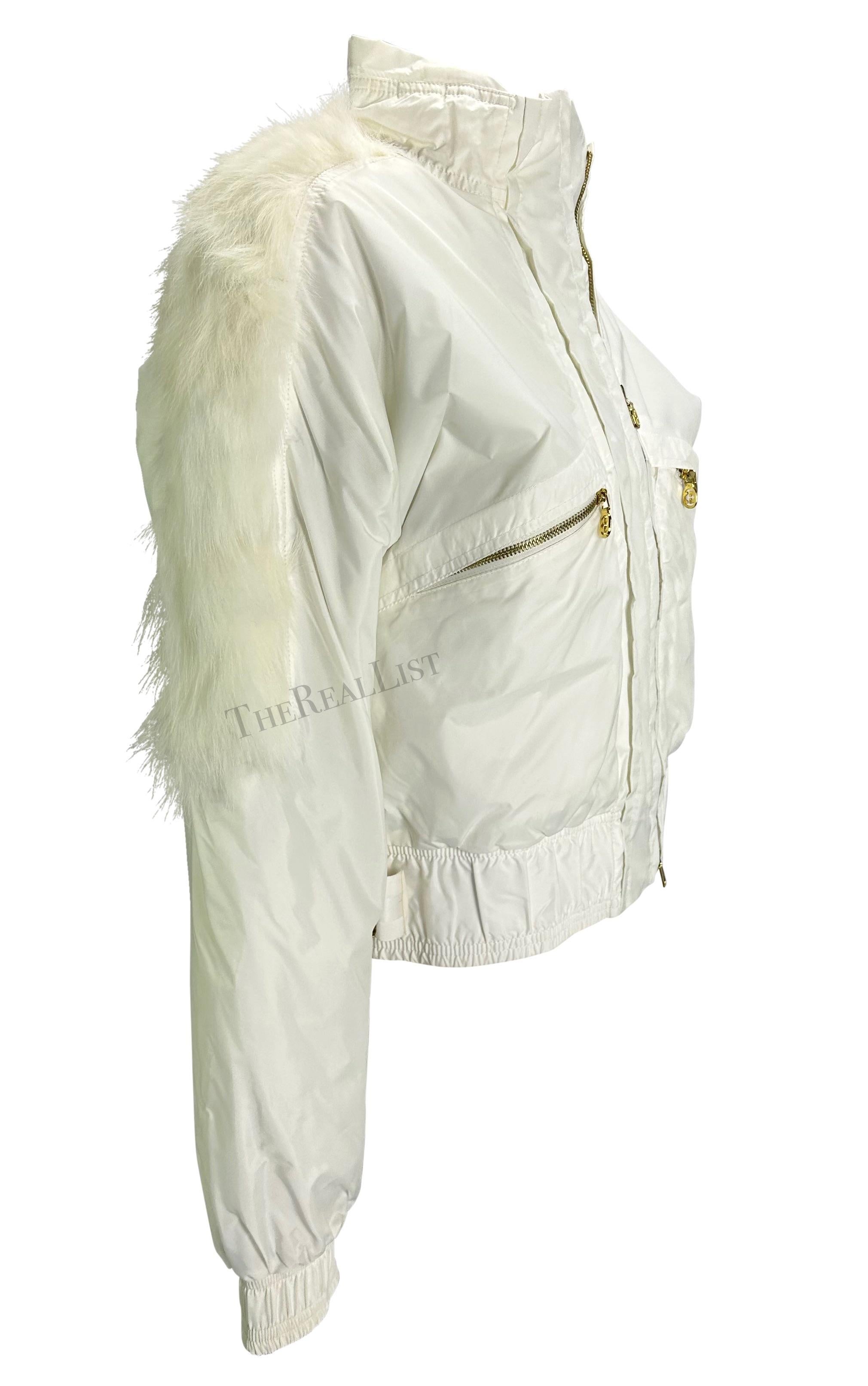Women's F/W 2004 Gucci by Tom Ford White Logo Down Fur Trim Hooded Puffer Jacket  For Sale