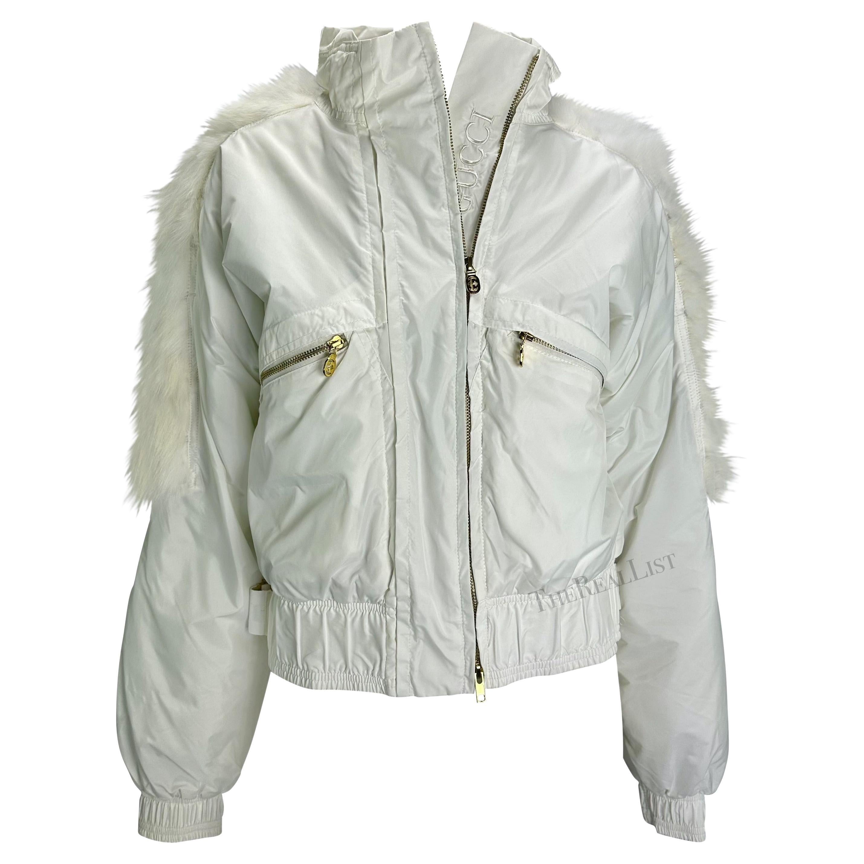 F/W 2004 Gucci by Tom Ford White Logo Down Fur Trim Hooded Puffer Jacket  For Sale