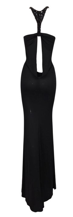 F/W 2004 Gucci Tom Ford Black Slinky Plunging Cut-Out Beaded Gown Dress 42