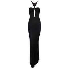 F/W 2004 Gucci Tom Ford Black Slinky Plunging Cut-Out Beaded Gown Dress 42