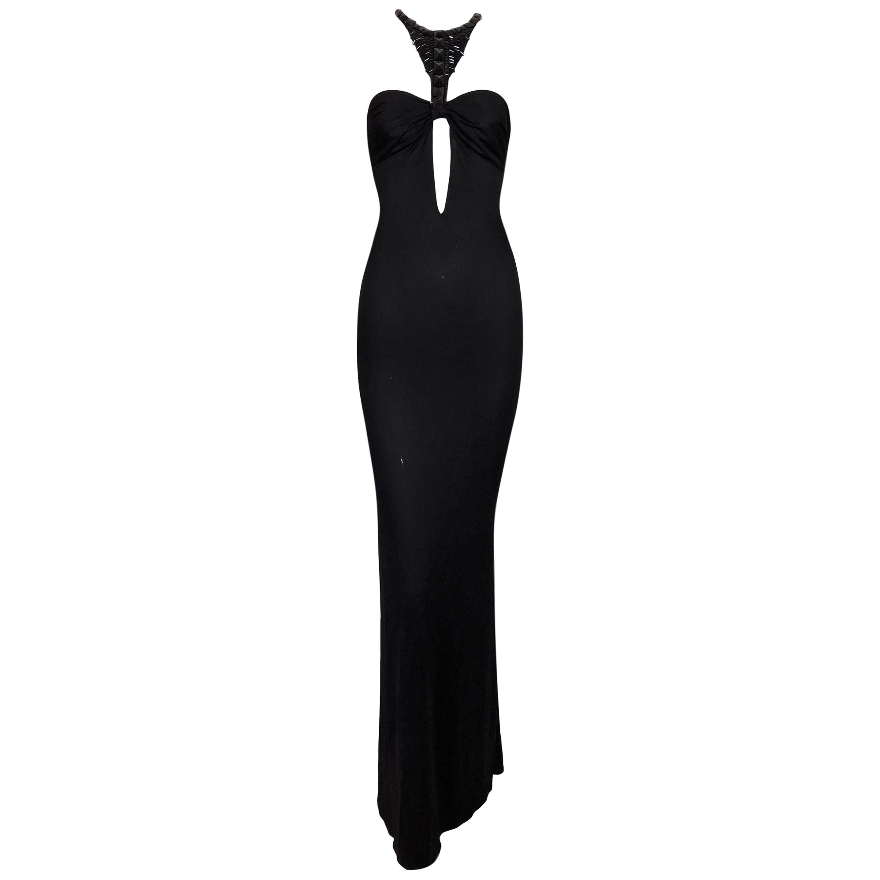 F/W 2004 Gucci Tom Ford Black Slinky Plunging Cut-Out Beaded Gown Dress