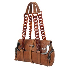 F/W 2004 Metallic Ornaments & Celluloid Handle Runway Cognac Leather Handbag