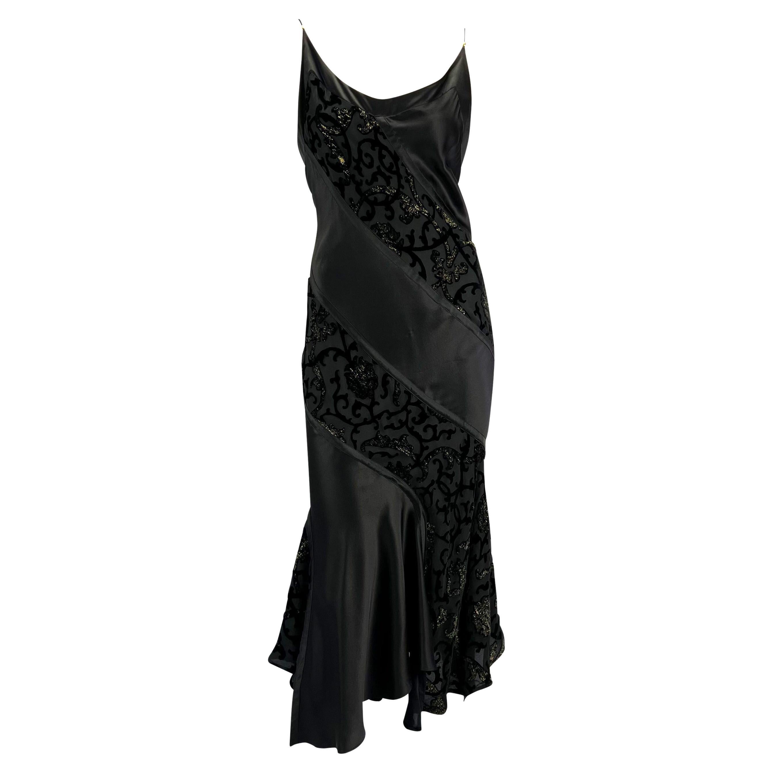 F/W 2004 Roberto Cavalli Black Velvet Satin Panel Flare Slip Dress For ...