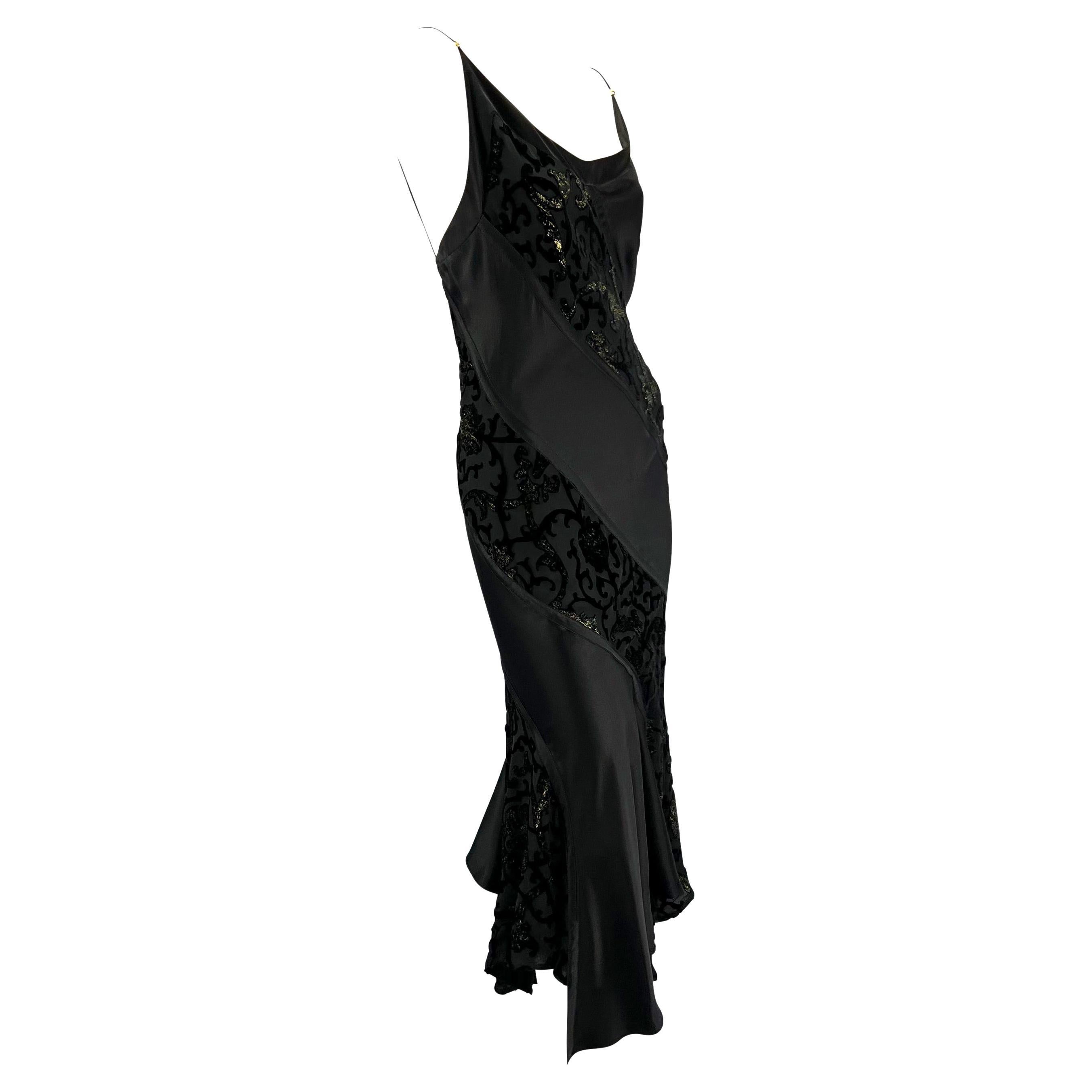 F/W 2004 Roberto Cavalli Black Velvet Satin Panel Flare Slip Dress For Sale
