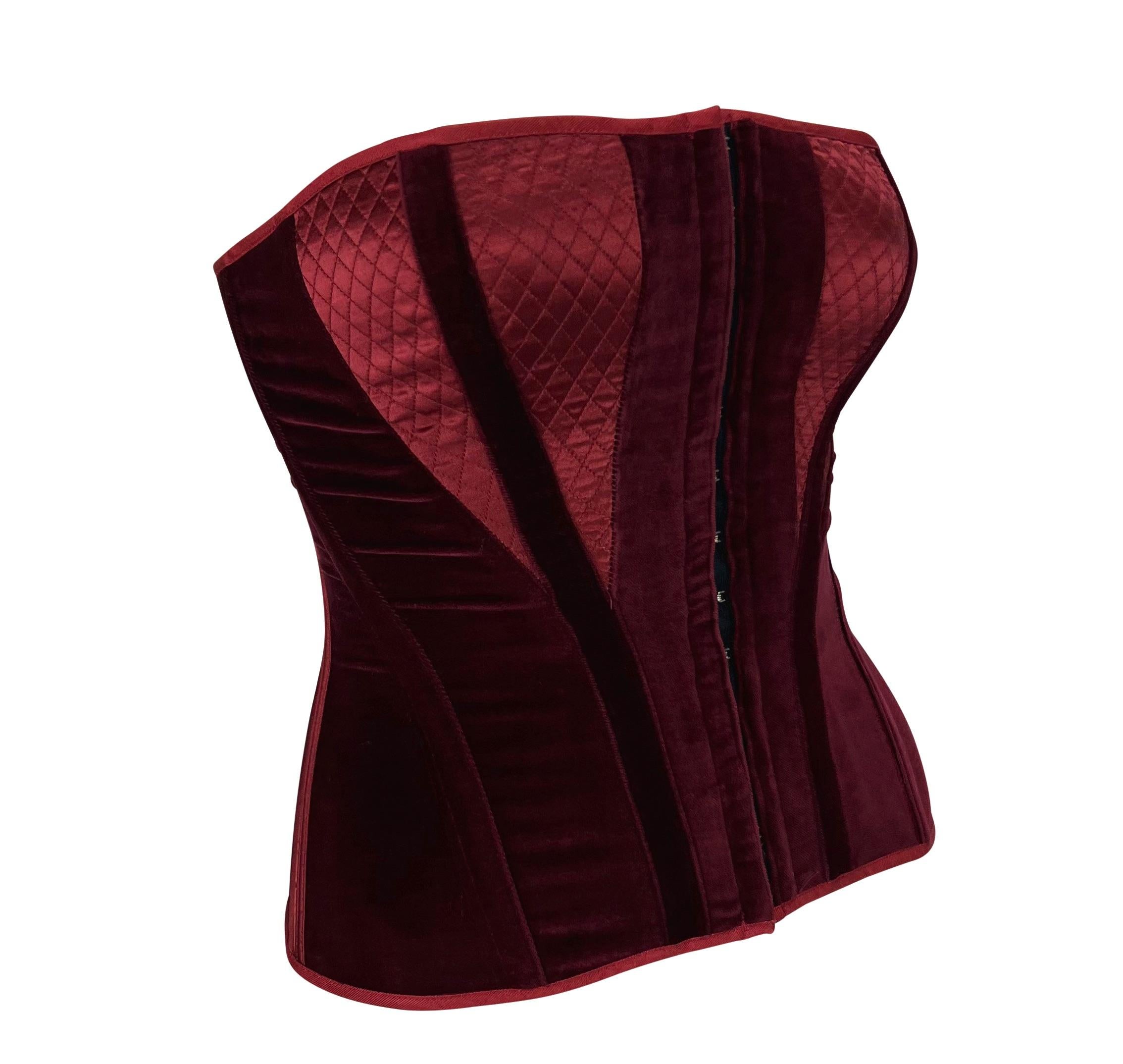 Black F/W 2004 Roberto Cavalli Burgundy Velvet Quilted Satin Lace-Up Corset Bustier For Sale