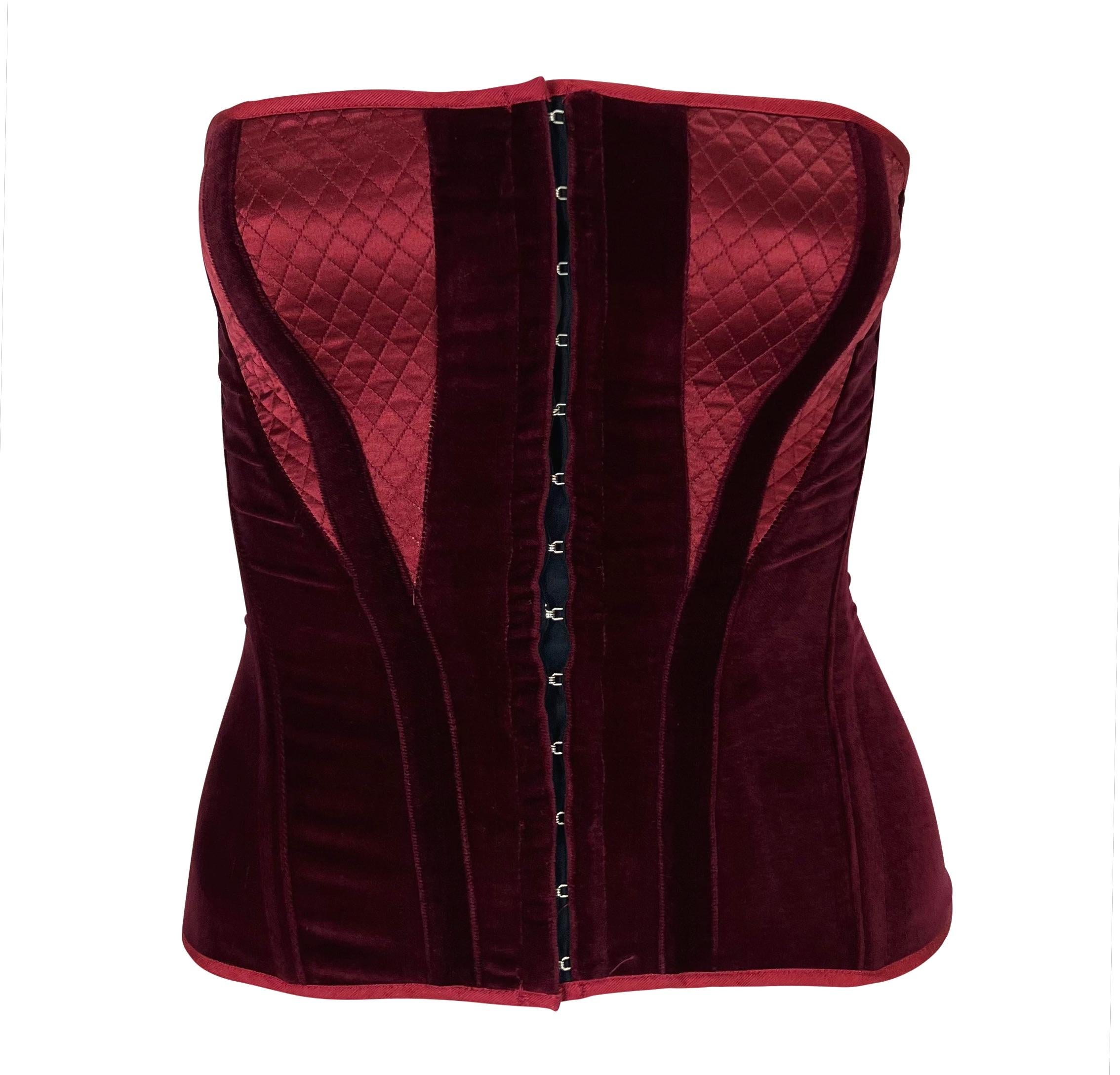 F/W 2004 Roberto Cavalli Burgundy Velvet Quilted Satin Lace-Up Corset Bustier For Sale