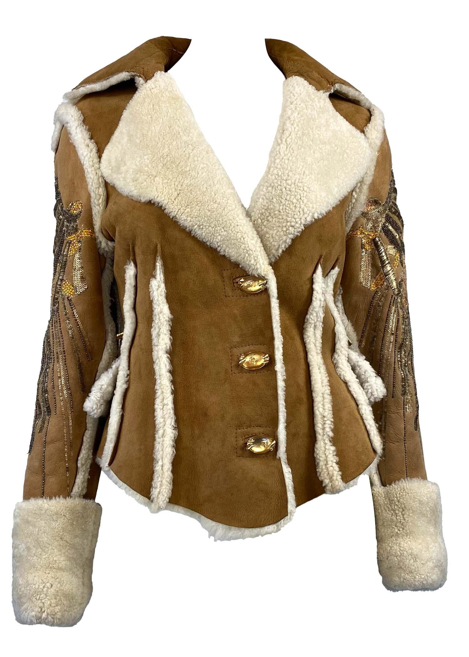 Women's F/W 2004 Roberto Cavalli Shearling Leather Coat Unicorn Sequin Bead Embellished For Sale