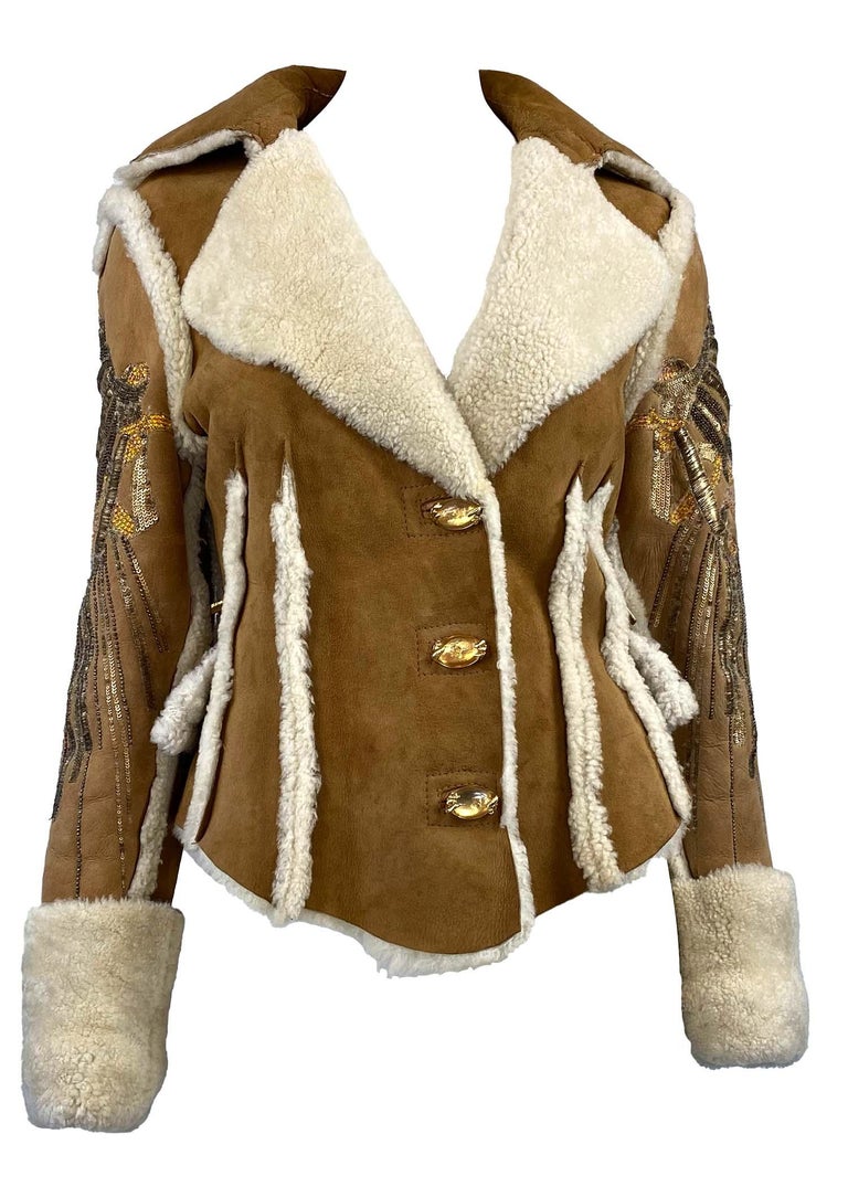Brown F/W 2004 Roberto Cavalli Shearling Leather Coat Unicorn Sequin Bead Embellished For Sale