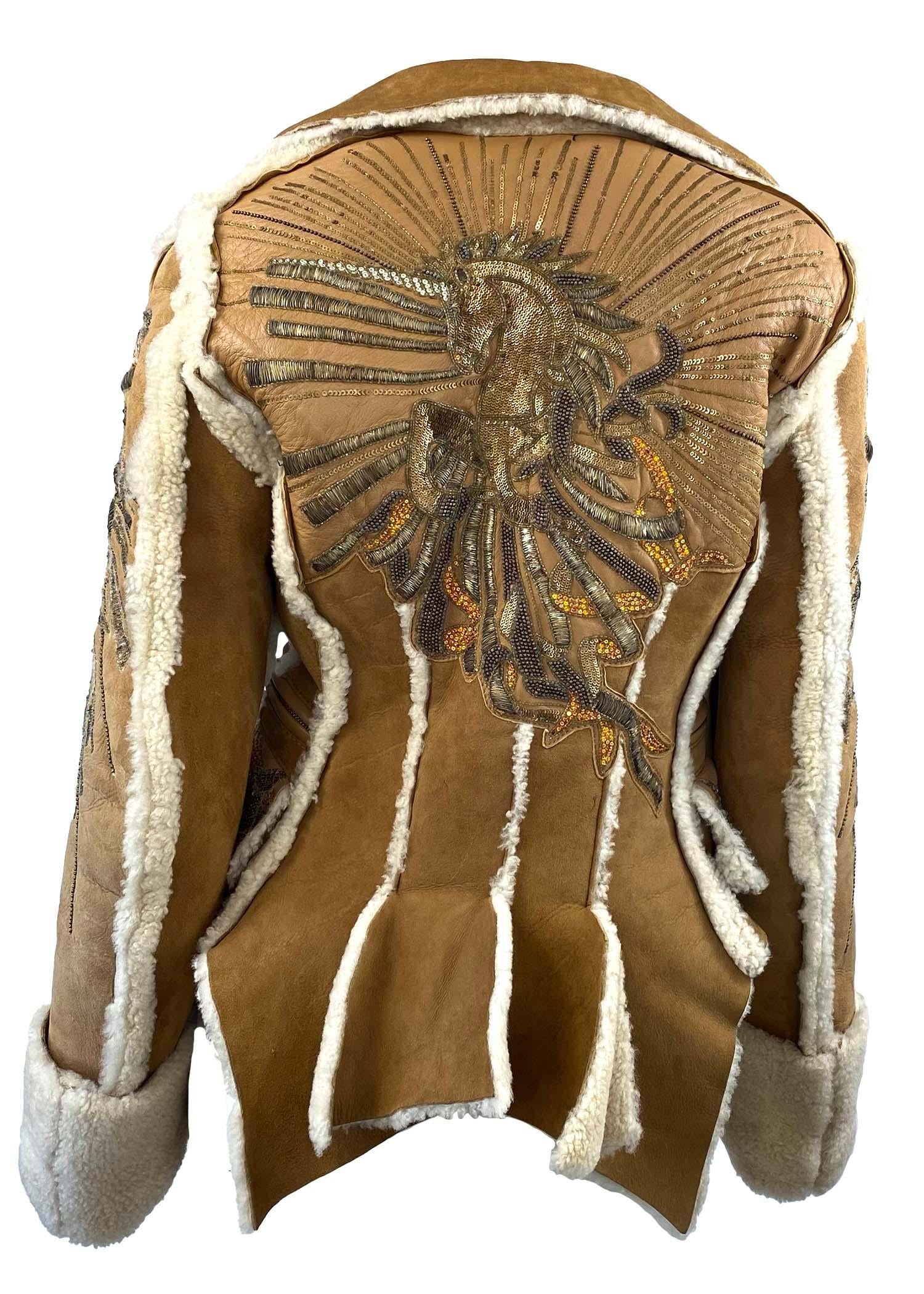 F/W 2004 Roberto Cavalli Shearling Leather Coat Unicorn Sequin Bead Embellished For Sale 2