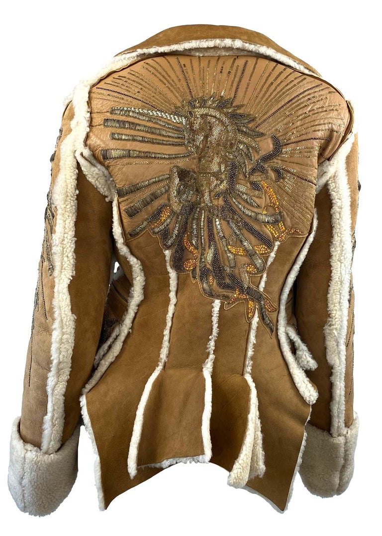 Women's F/W 2004 Roberto Cavalli Shearling Leather Coat Unicorn Sequin Bead Embellished For Sale