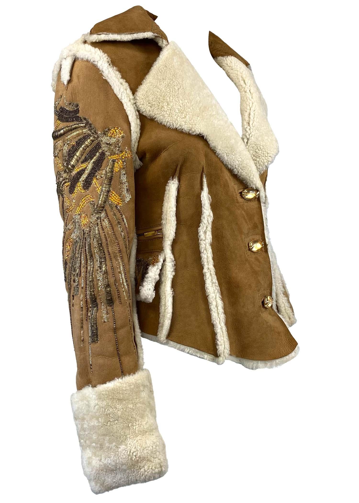 Brown F/W 2004 Roberto Cavalli Shearling Leather Coat Unicorn Sequin Bead Embellished For Sale