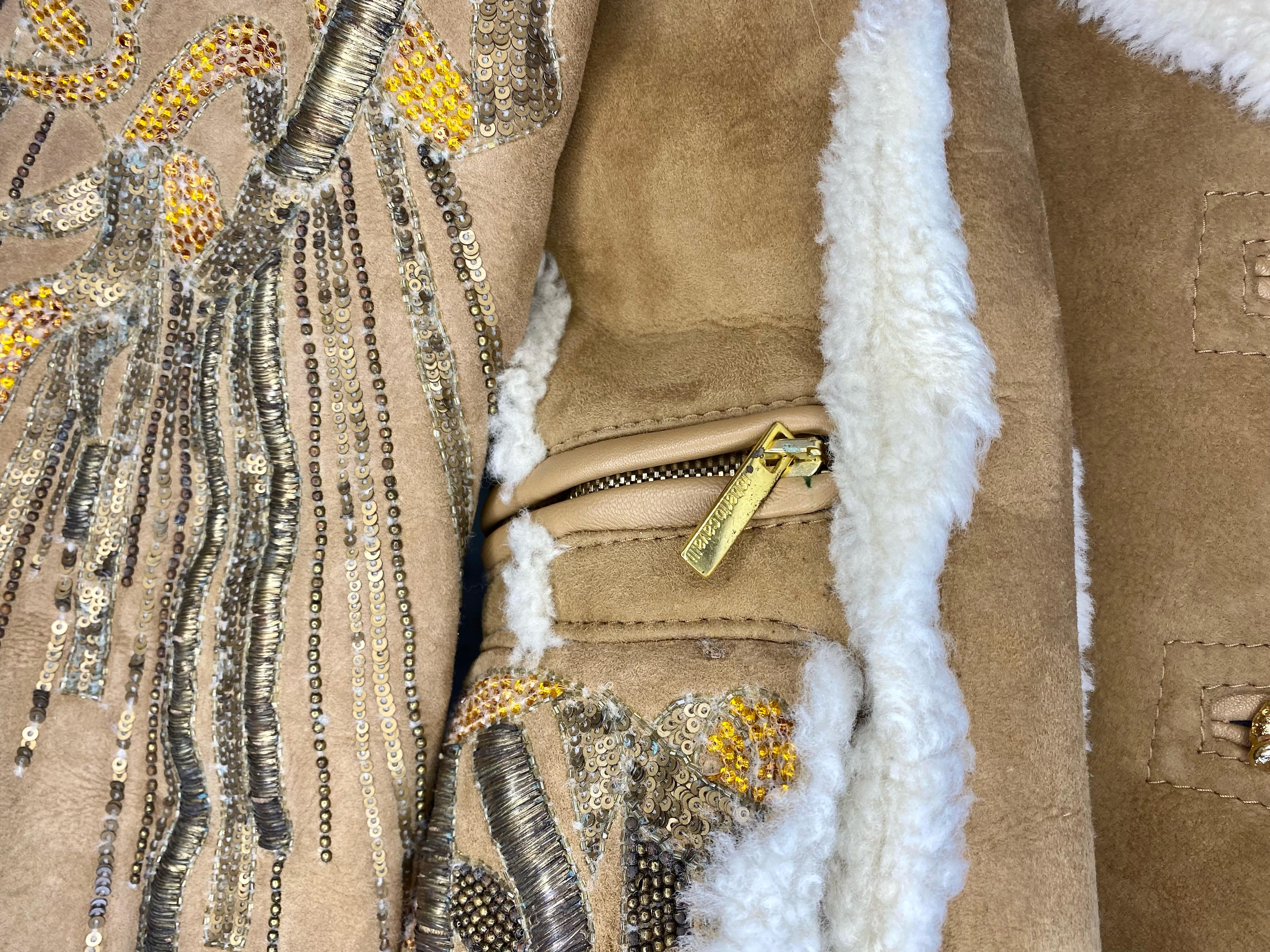 F/W 2004 Roberto Cavalli Shearling Leather Coat Unicorn Sequin Bead Embellished For Sale 9