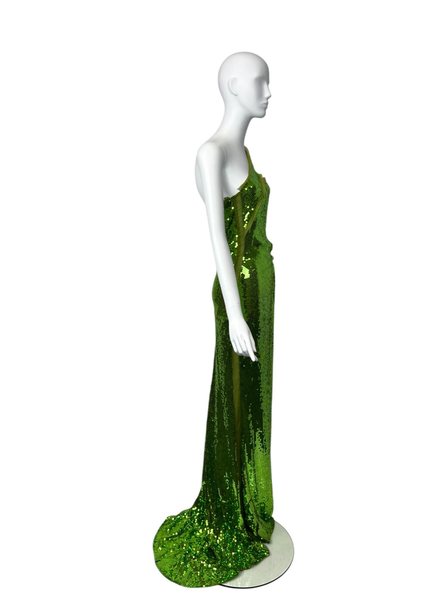 F/W 2004 Tom Ford for Gucci Vestido verde de lentejuelas Sz: 40 en venta 1