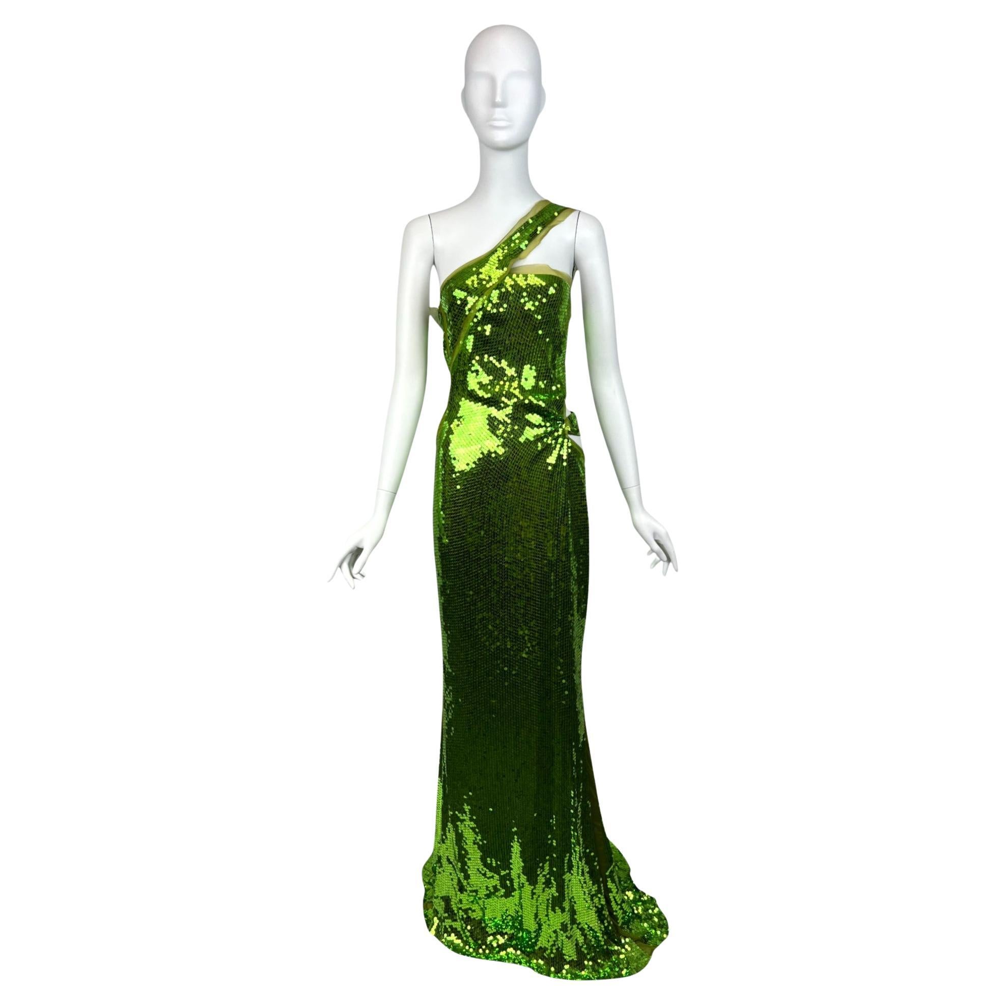 F/W 2004 Tom Ford for Gucci Vestido verde de lentejuelas Sz: 40 en venta
