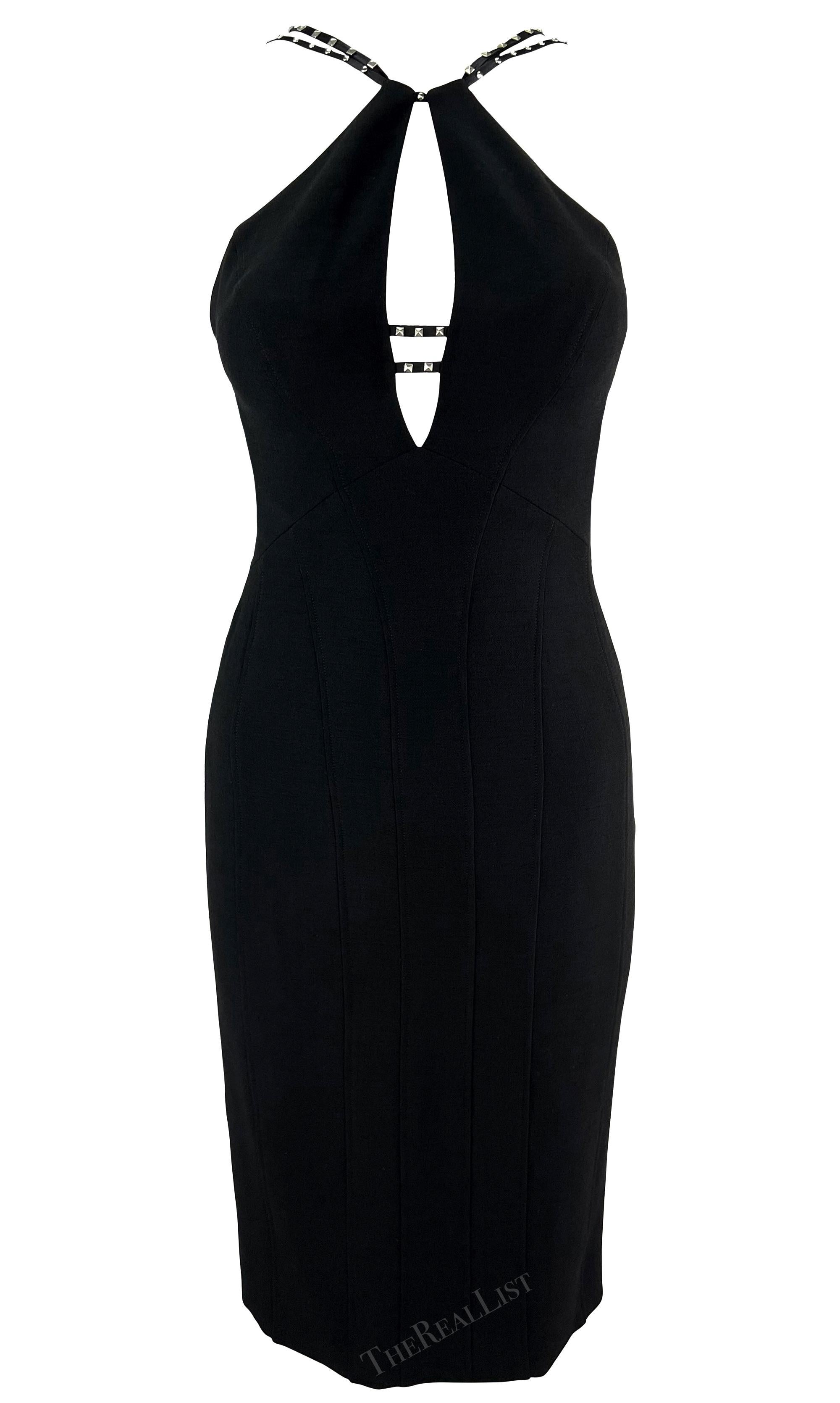 Women's F/W 2004 Versace by Donatella Black Studded Plunging Runway Mini Dress For Sale