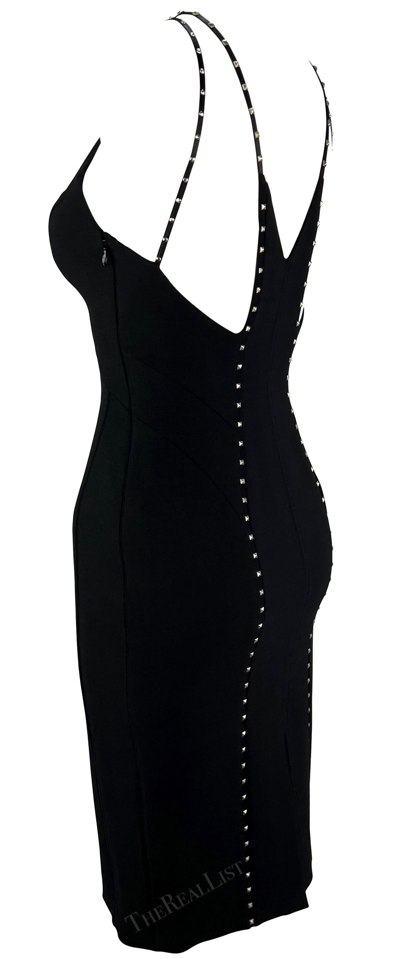 F/W 2004 Versace by Donatella Black Studded Plunging Runway Mini Dress For Sale 3